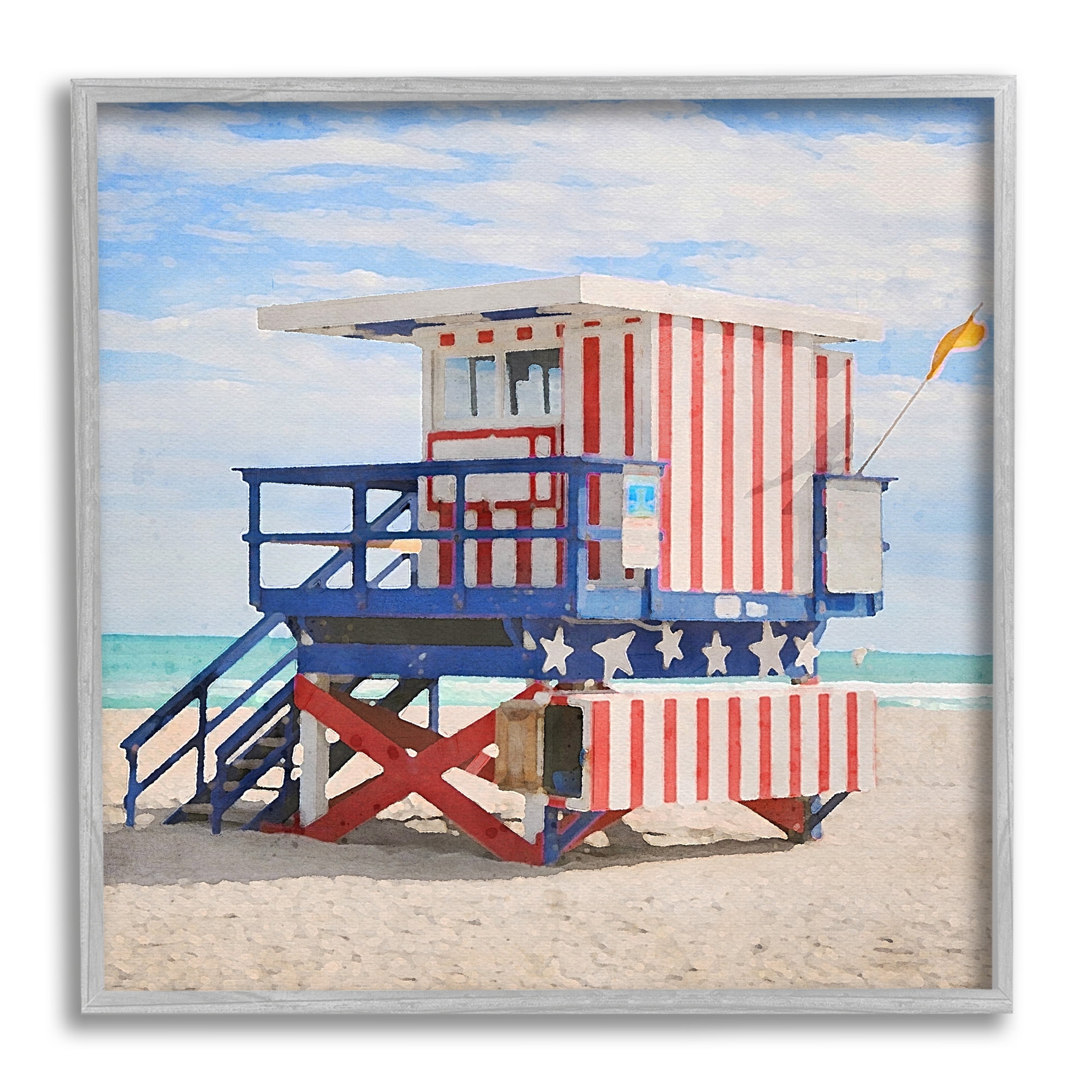 Stupell Industries Striped Lifeguard Hut Nature Painting Gray Framed Art Print Wall Art, 24 x 24