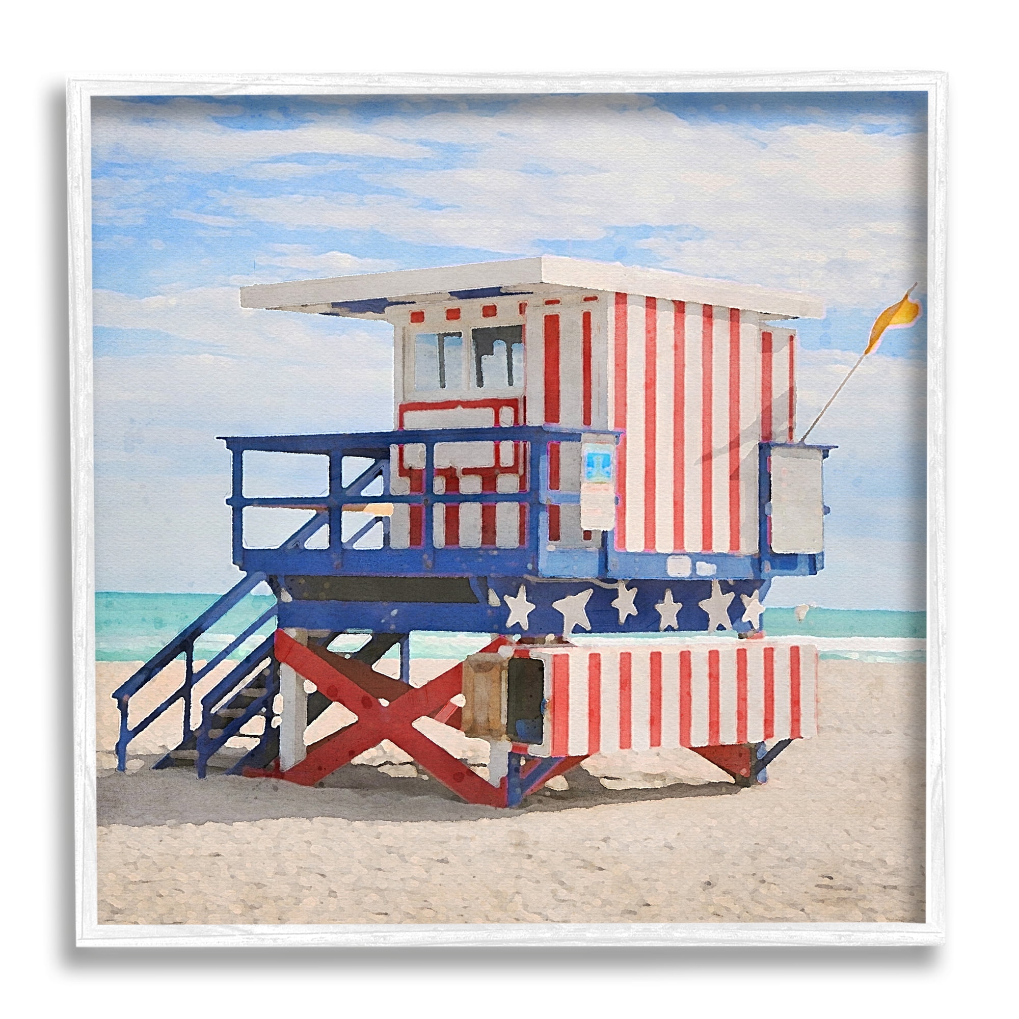 Stupell Industries Striped Lifeguard Hut Nature Painting White Framed Art Print Wall Art, 12 x 12