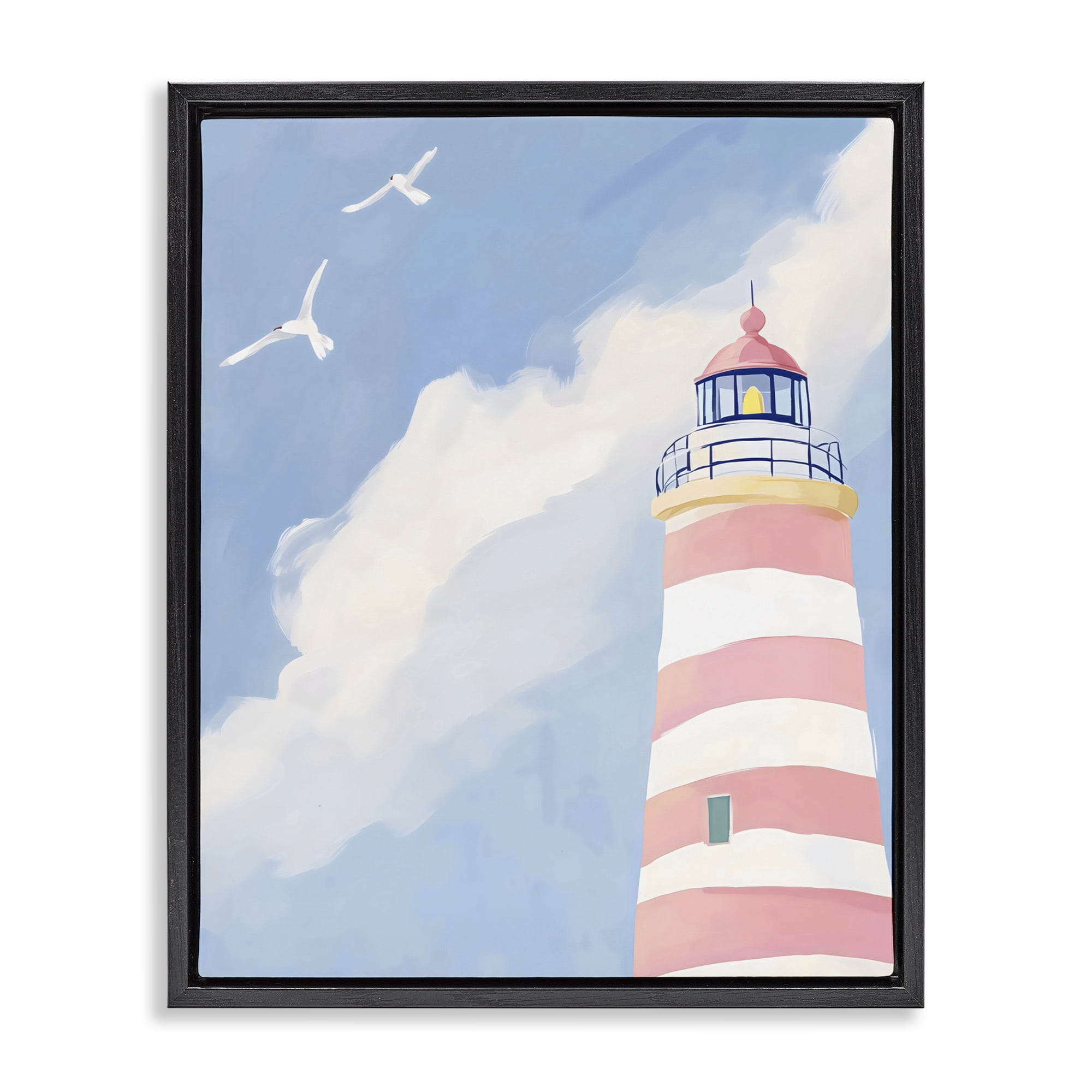 Stupell Industries Striped Lighthouse with Seagulls Black Framed Floater Canvas Wall Art, design by The Prints Vibe