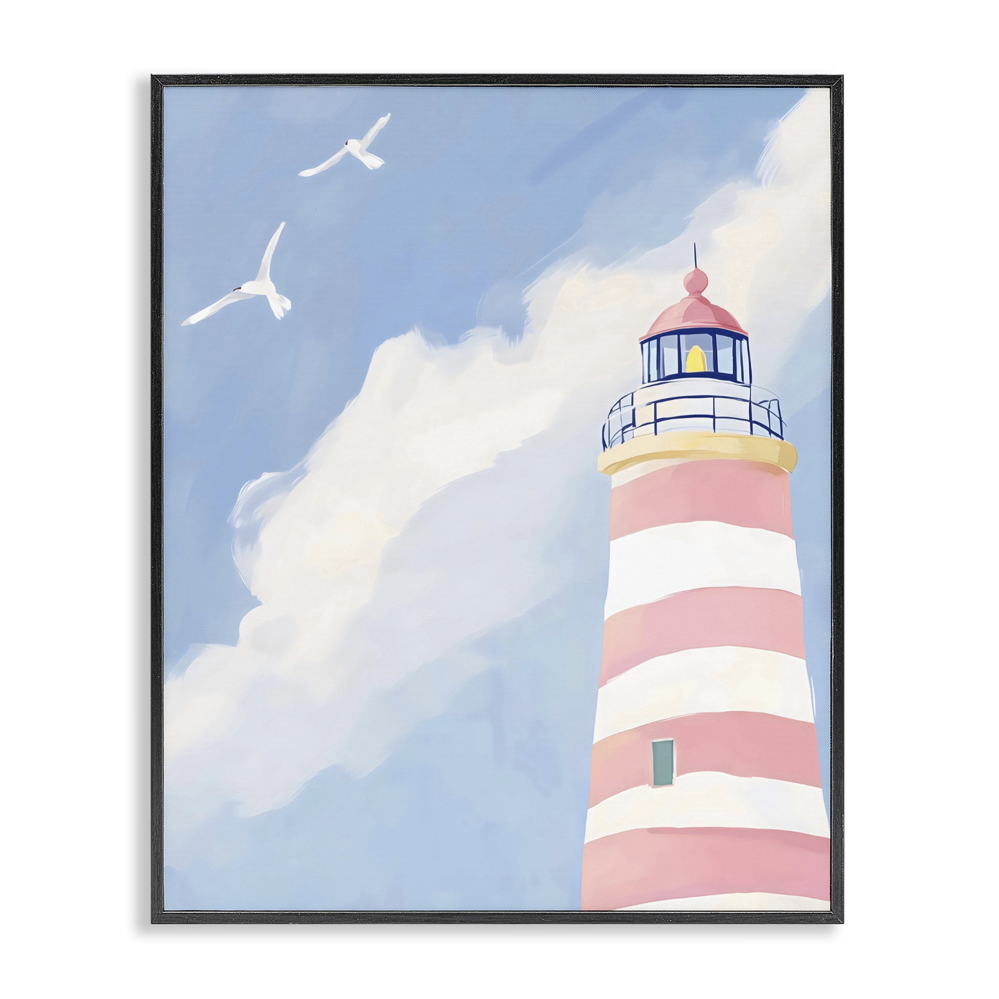 Stupell Industries Striped Lighthouse with Seagulls Black Framed Giclee Art, design by The Prints Vibe
