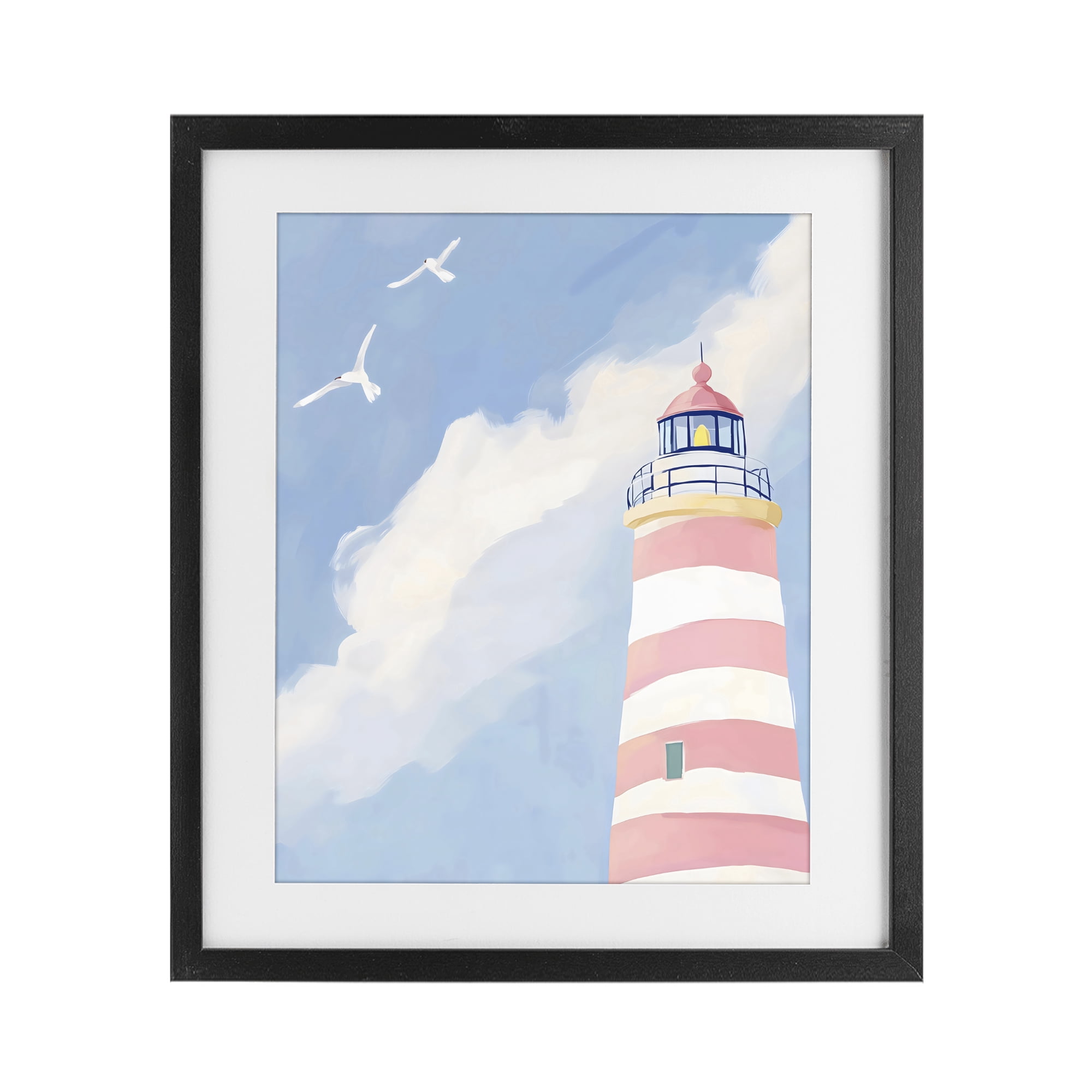 Stupell Industries Striped Lighthouse with Seagulls Black Framed Print Under Glass, design by The Prints Vibe