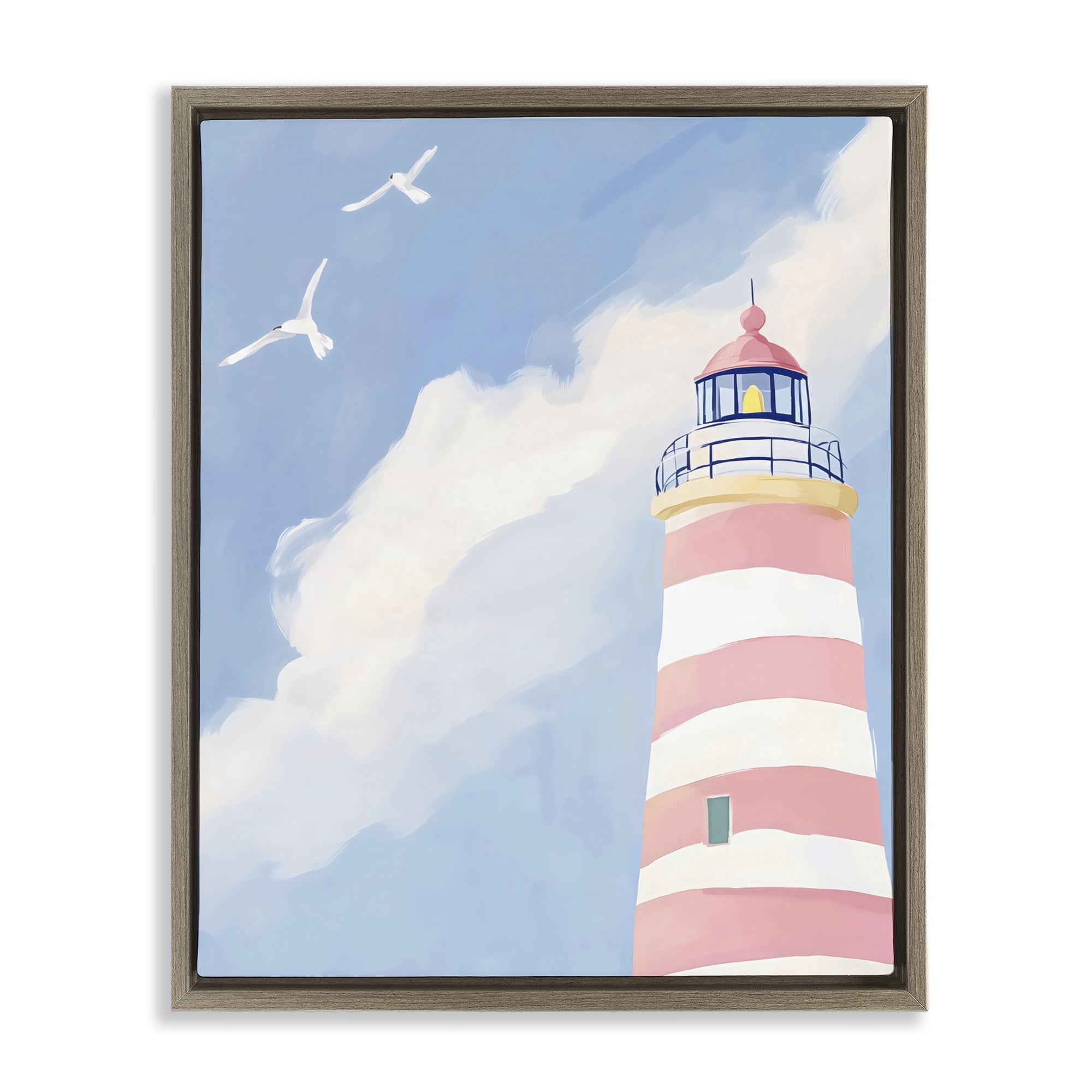 Stupell Industries Striped Lighthouse with Seagulls Brown Framed Floater Canvas Wall Art, design by The Prints Vibe