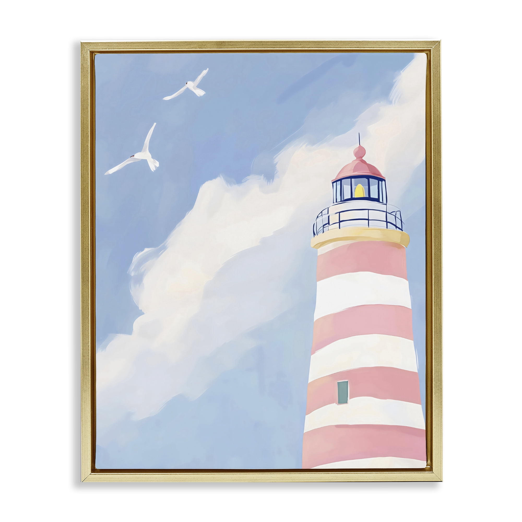 Stupell Industries Striped Lighthouse with Seagulls Gold Framed Floater Canvas Wall Art, design by The Prints Vibe