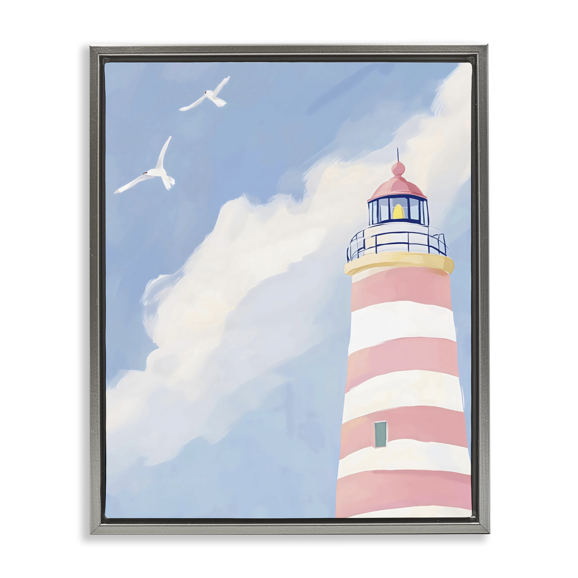 Stupell Industries Striped Lighthouse with Seagulls Gray Framed Floater Canvas Wall Art, design by The Prints Vibe