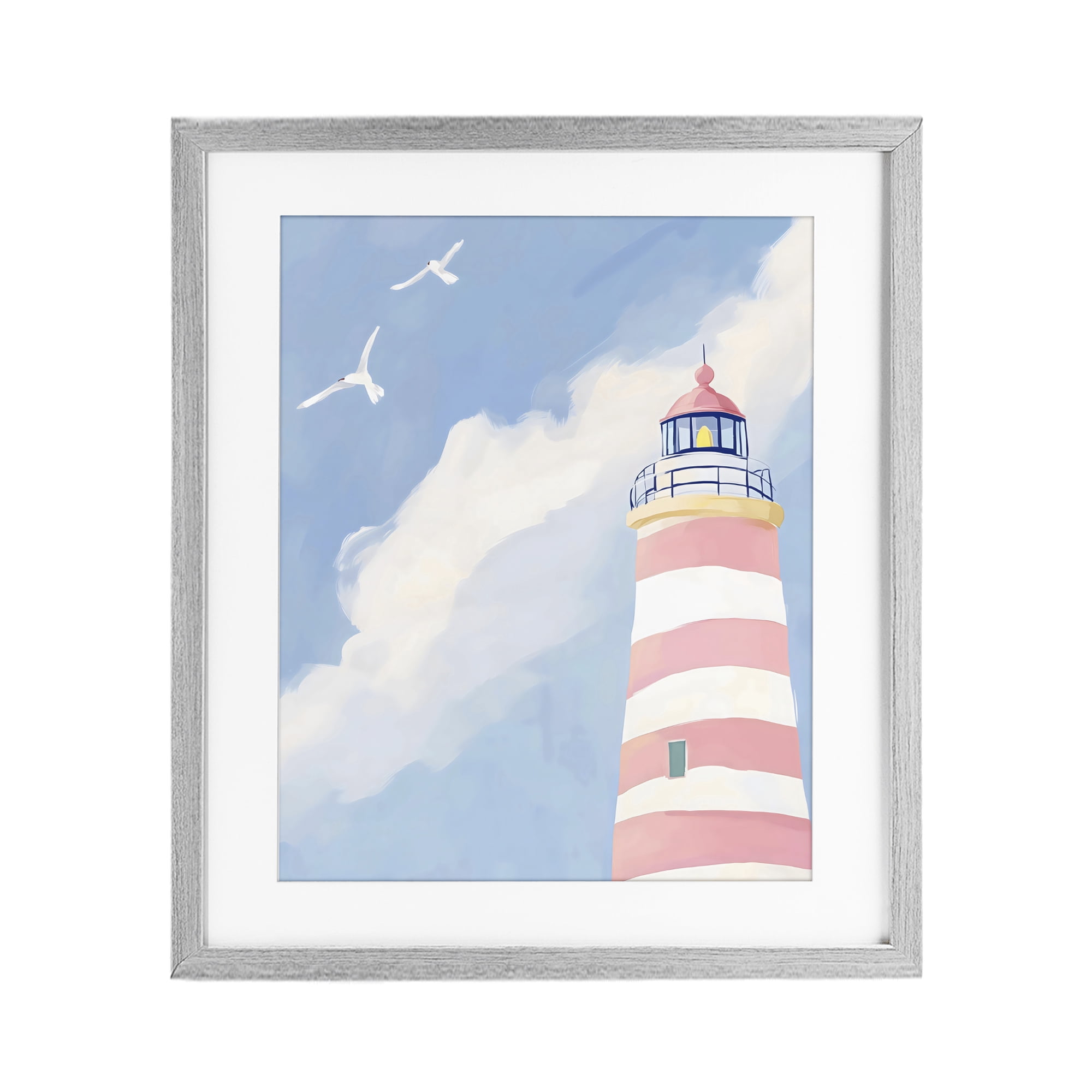 Stupell Industries Striped Lighthouse with Seagulls Gray Framed Print Under Glass, design by The Prints Vibe