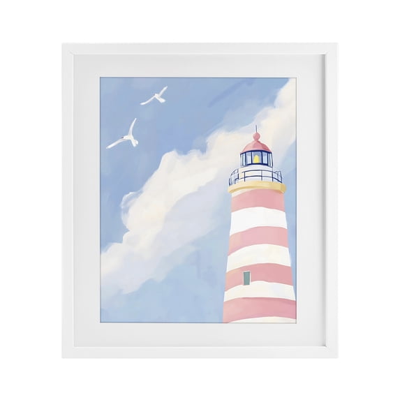 Stupell Industries Coastal Striped Lighthouse with Seagulls White Framed Print Under Glass, 13 x 16, by The Prints Vibe