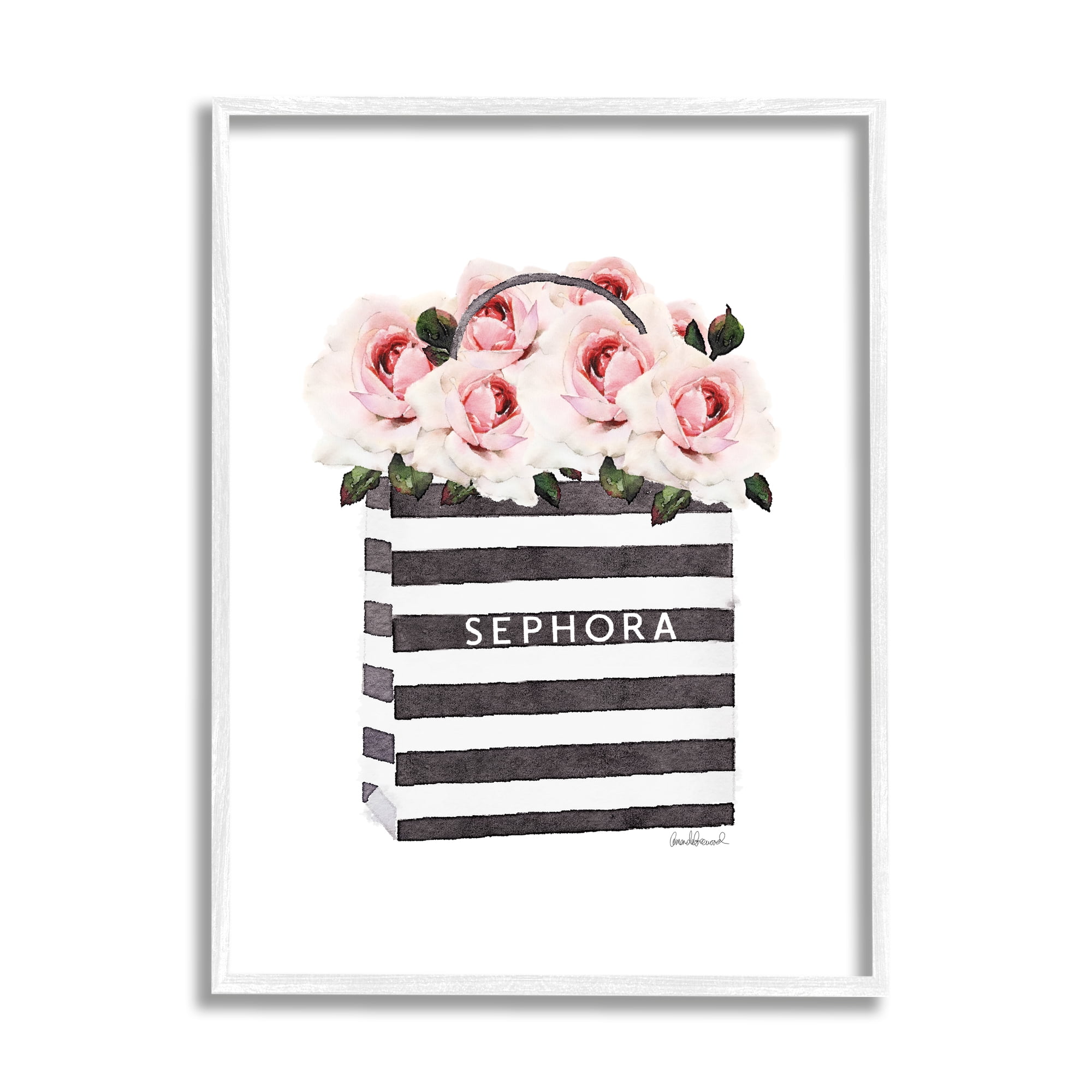 Stupell Industries Striped Makeup Shopping Bag Filled with Pink Roses, 16 x 20,Design by Amanda Greenwood