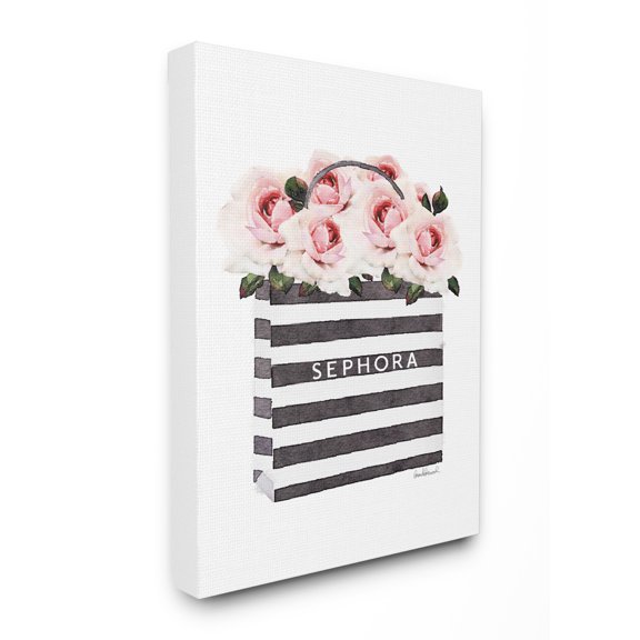 Stupell Industries Striped Makeup Shopping Bag Filled with Pink Roses Canvas Wall Art by Amanda Greenwood