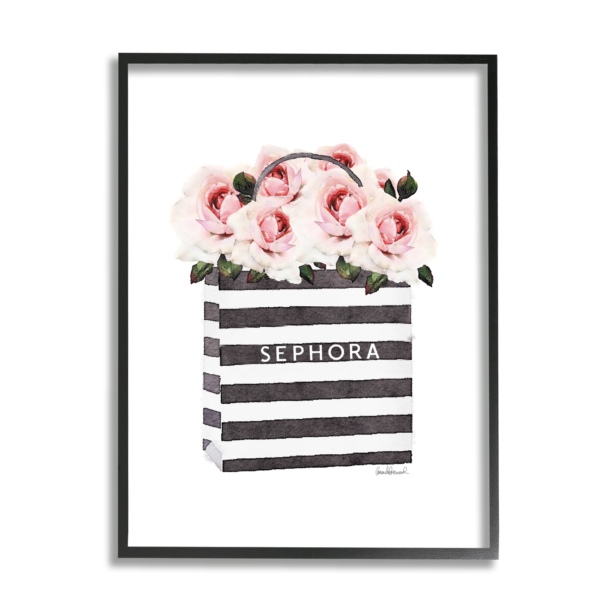 Stupell Industries Striped Makeup Shopping Bag Filled with Pink Roses Framed Wall Art by Amanda Greenwood