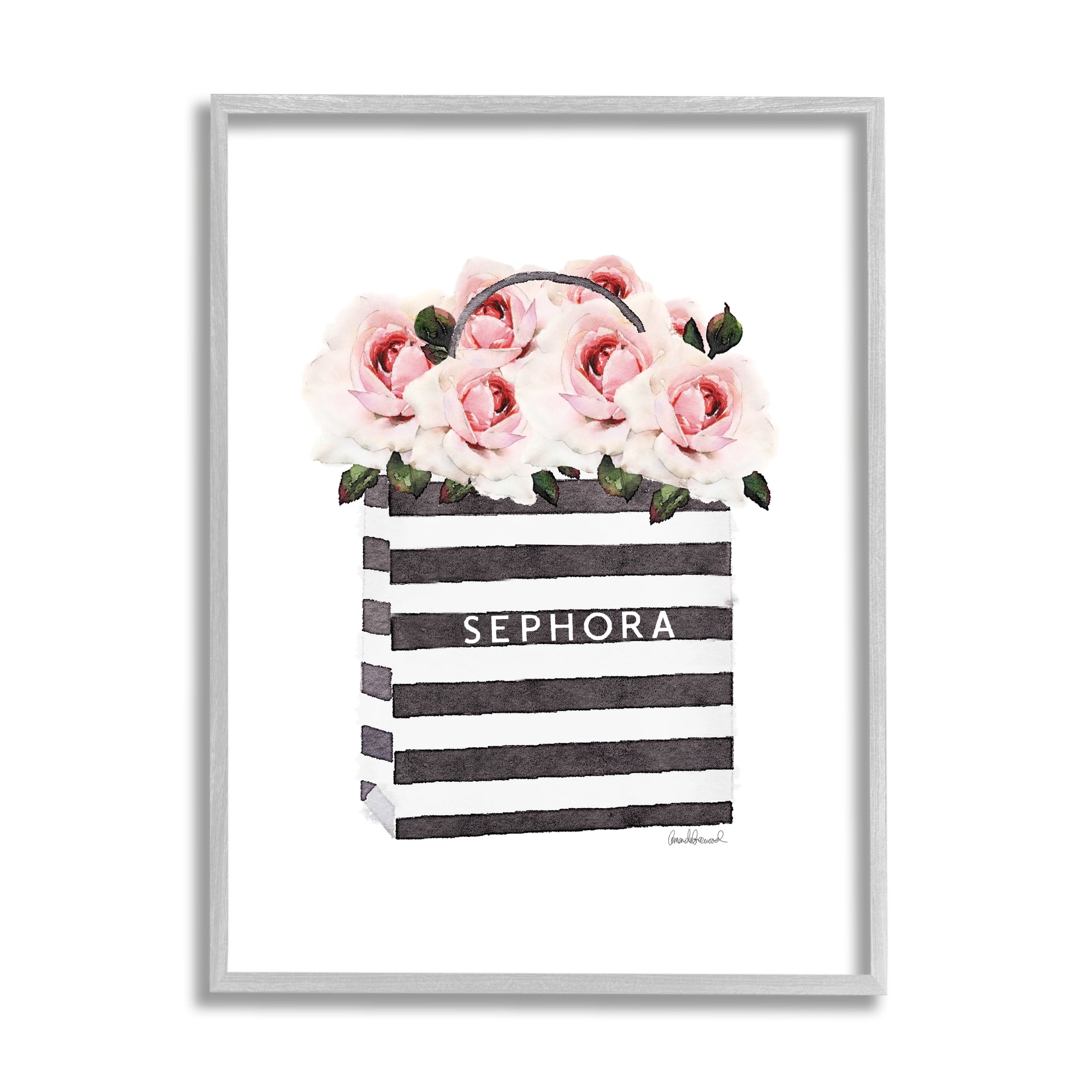 Stupell Industries Striped Makeup Shopping Bag Filled with Pink Roses Framed Wall Art by Amanda Greenwood