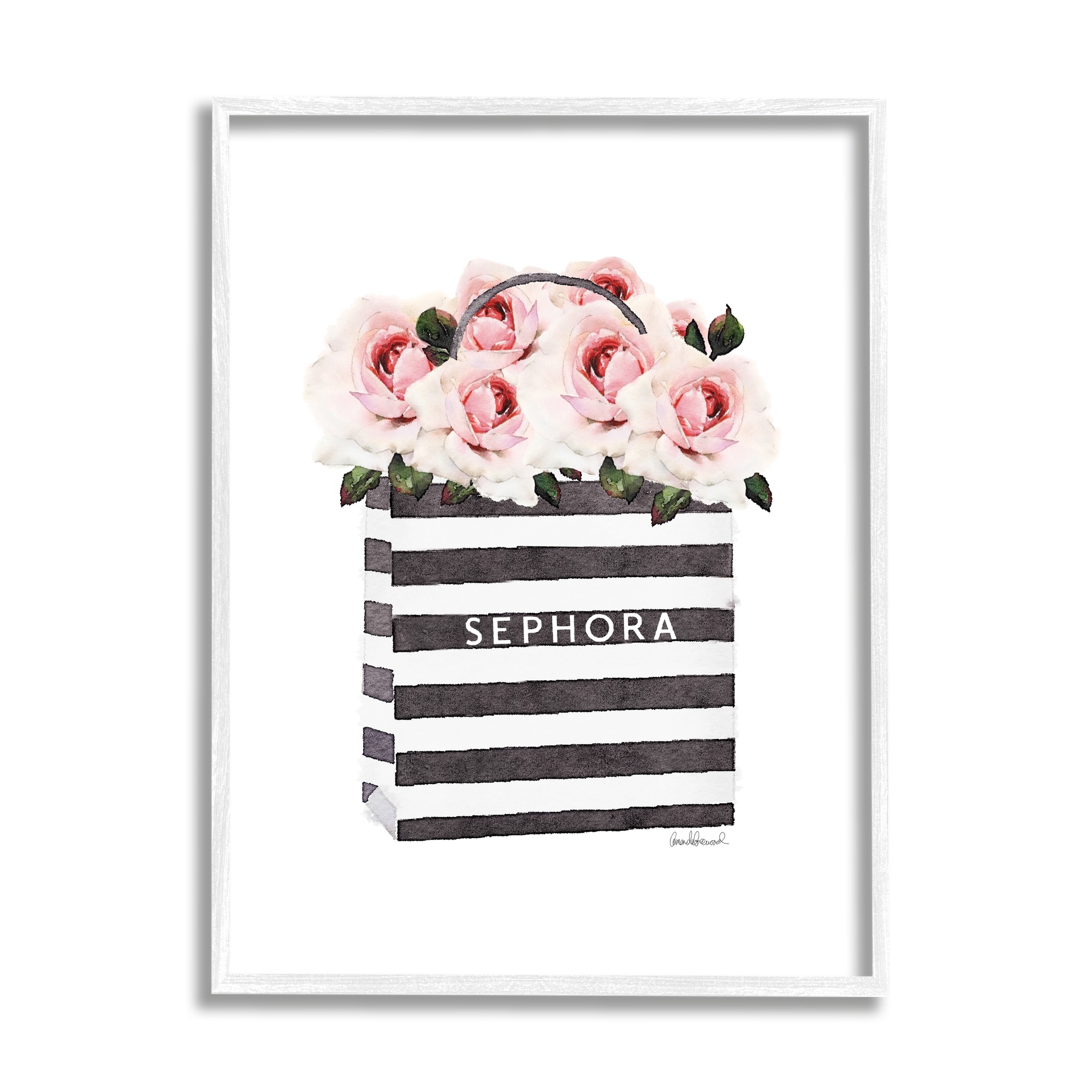 Stupell Industries Striped Makeup Shopping Bag Filled with Pink Roses Graphic Art White Framed Art Print Wall Art, 24x30, by Amanda Greenwood