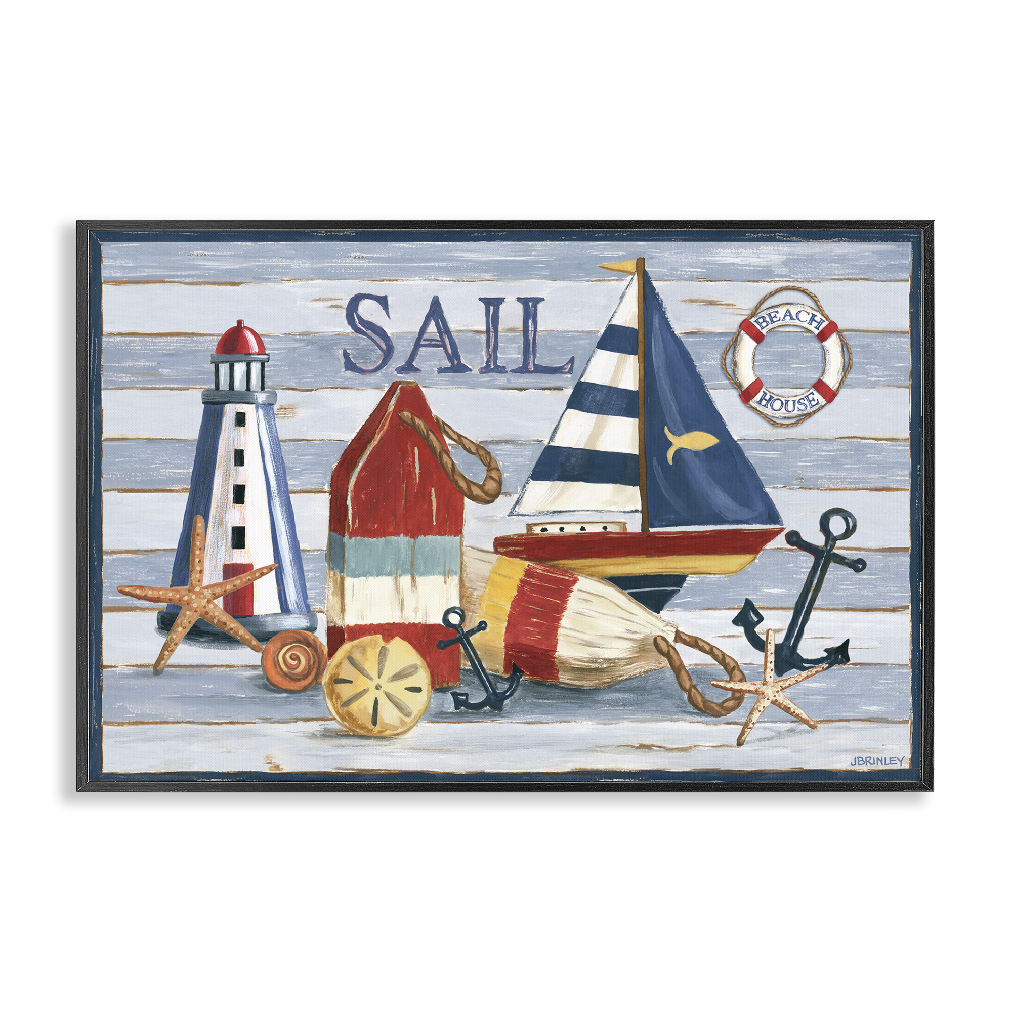 Stupell Industries Striped Nautical Still Life Nautical & Beach Painting Black Framed Art Print Wall Art, 24 x 16
