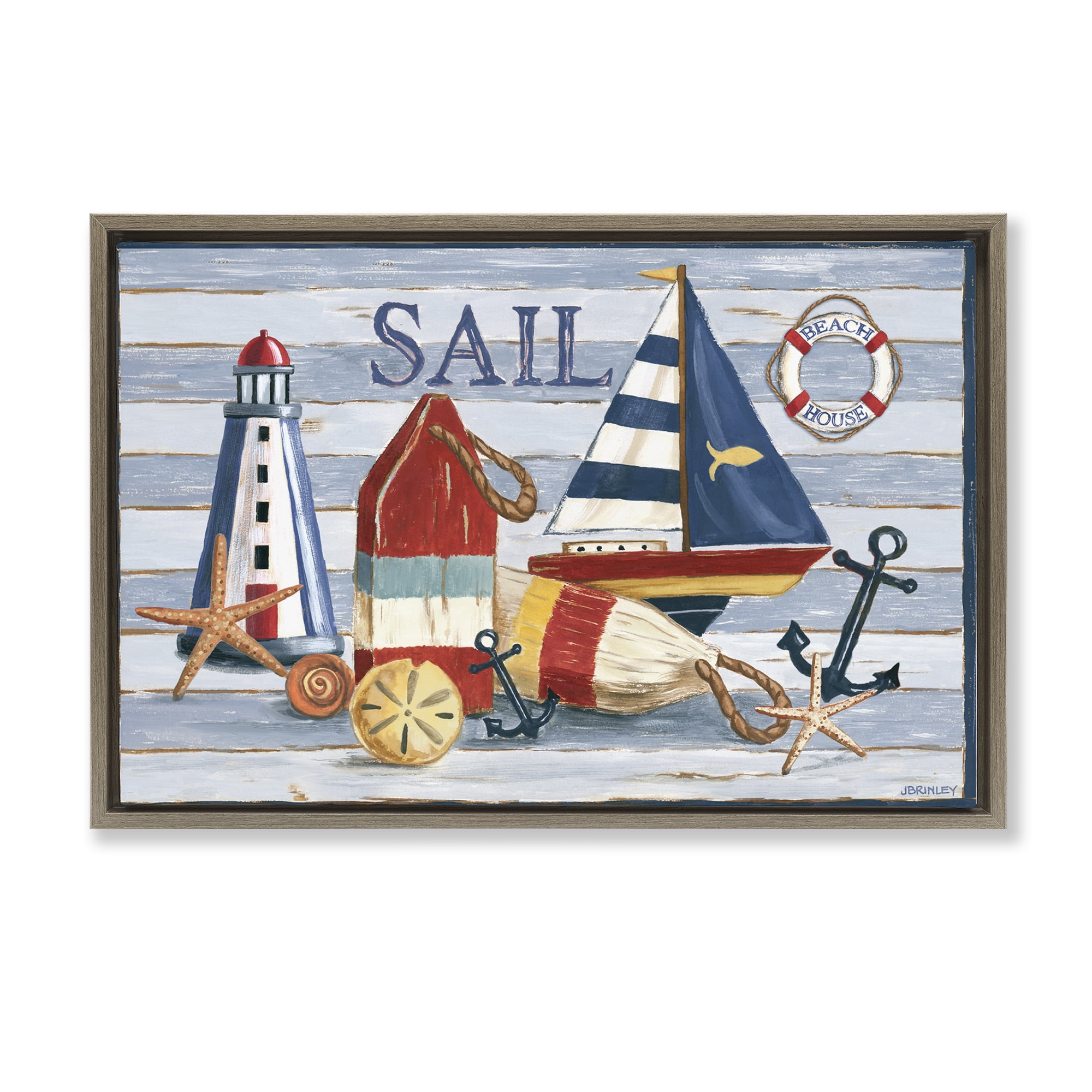 Stupell Industries Striped Nautical Still Life Nautical & Beach Painting Brown Floater Framed Canvas Art Print Wall Art, 31 x 21