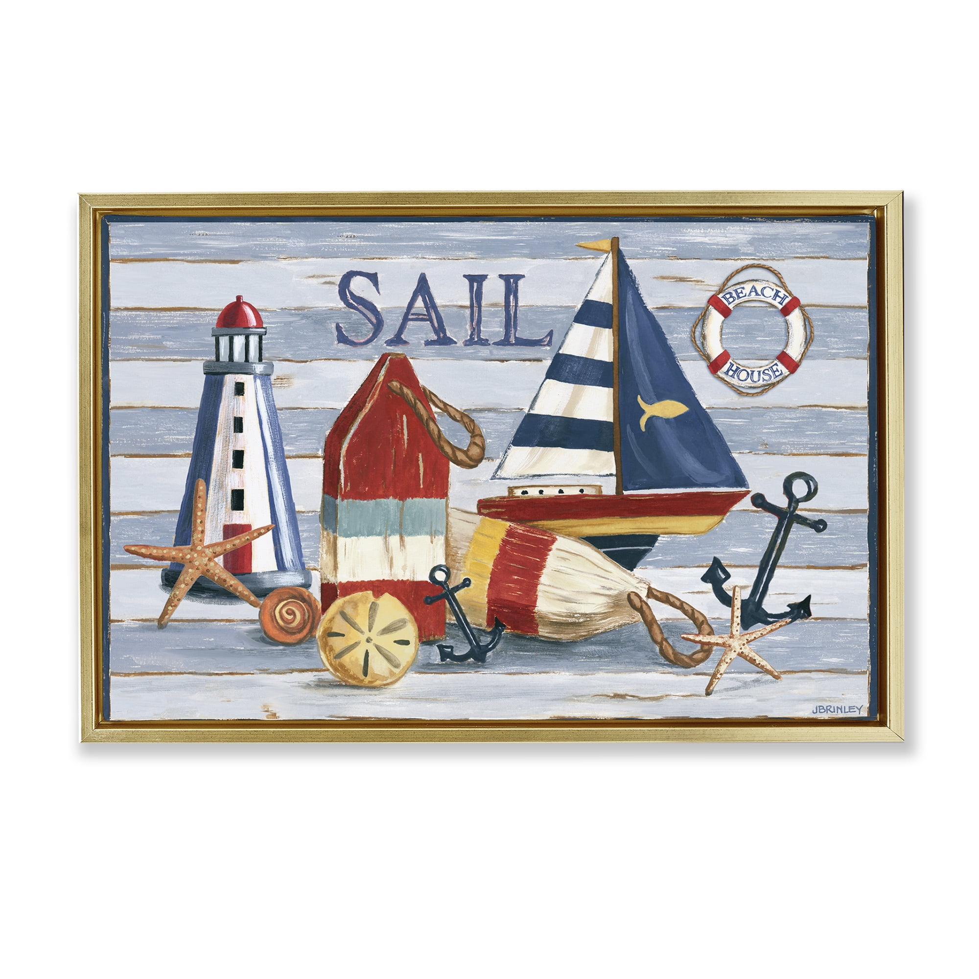 Stupell Industries Striped Nautical Still Life Nautical & Beach Painting Gold Floater Framed Canvas Art Print Wall Art, 25 x 17