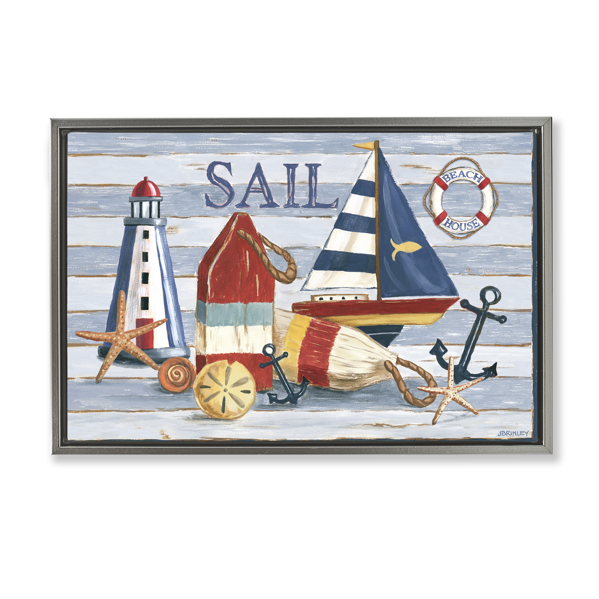 Stupell Industries Striped Nautical Still Life Nautical & Beach Painting Gray Floater Framed Canvas Art Print Wall Art, 31 x 21