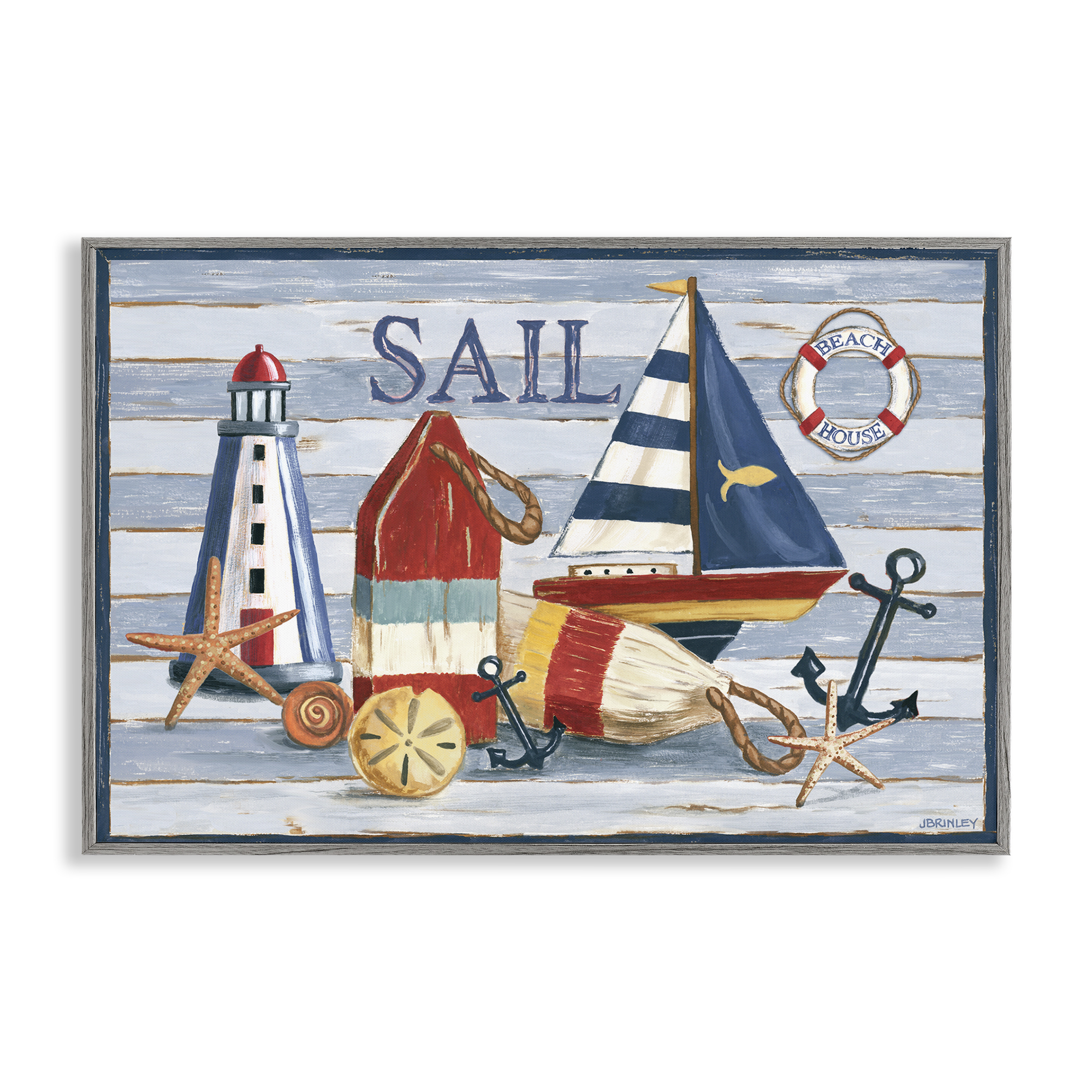 Stupell Industries Striped Nautical Still Life Nautical & Beach Painting Gray Framed Art Print Wall Art, 18 x 12