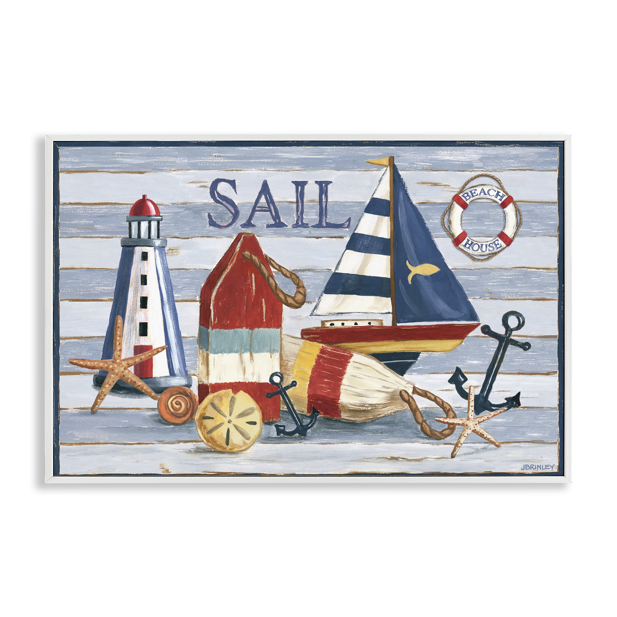 Stupell Industries Striped Nautical Still Life Nautical & Beach Painting White Framed Art Print Wall Art, 24 x 16