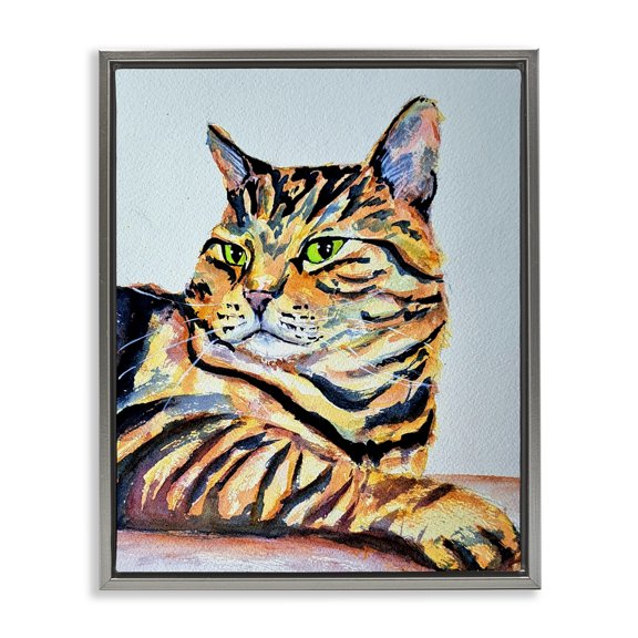 Striped Orange Cat Pose Gray Floating Frame Canvas Art, 17 x 21, Made In USA