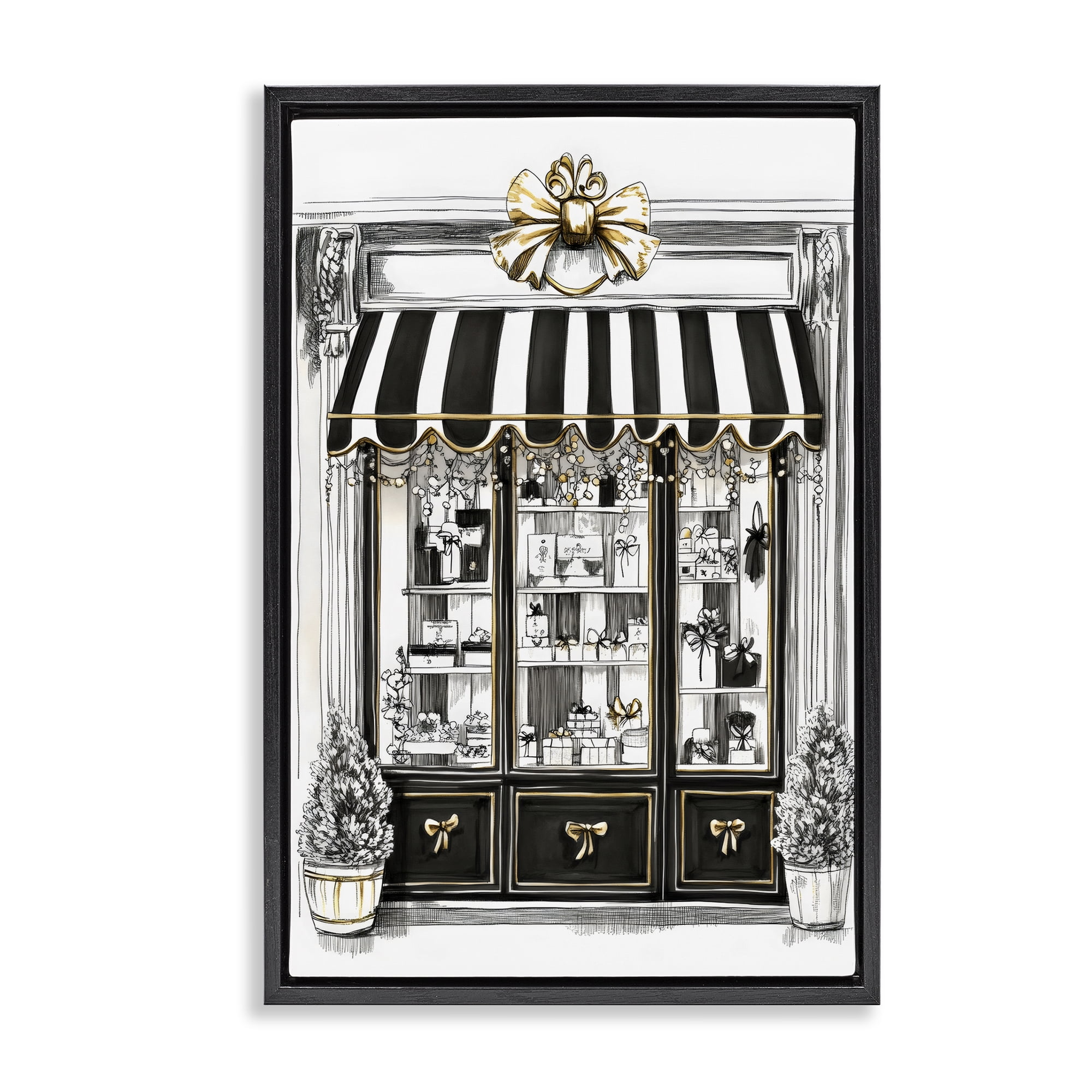 Stupell Industries Striped Paris Shop Facade Black Framed Floater Canvas Wall Art, design by Petal Prints Design