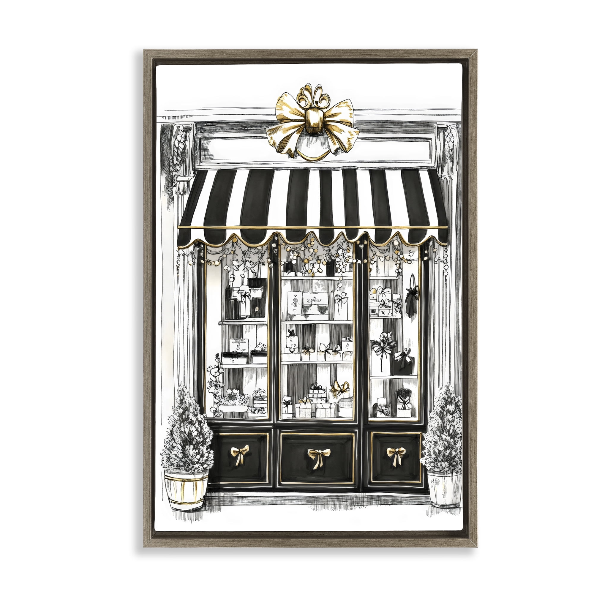 Stupell Industries Striped Paris Shop Facade Brown Framed Floater Canvas Wall Art, design by Petal Prints Design