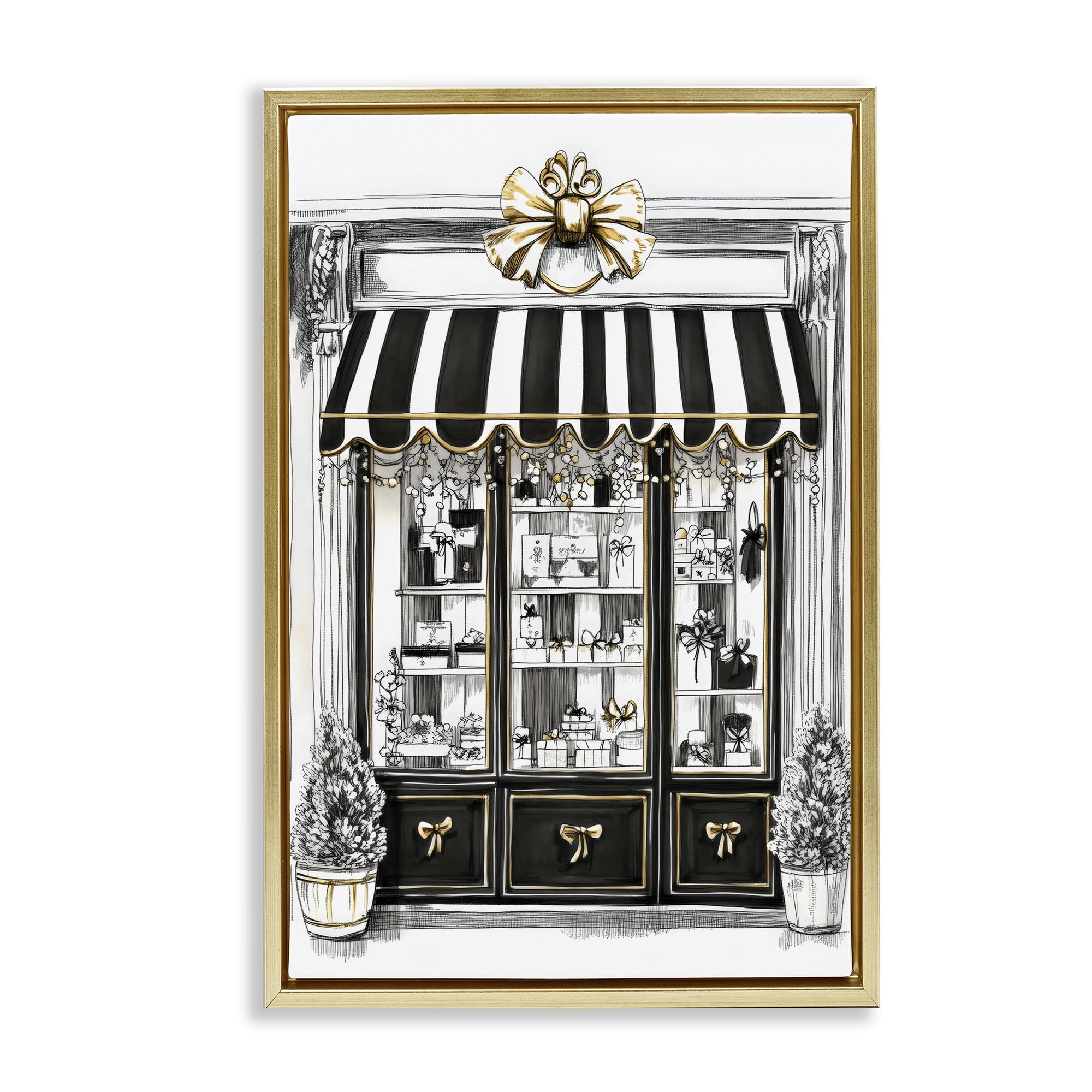Stupell Industries Striped Paris Shop Facade Gold Framed Floater Canvas Wall Art, design by Petal Prints Design