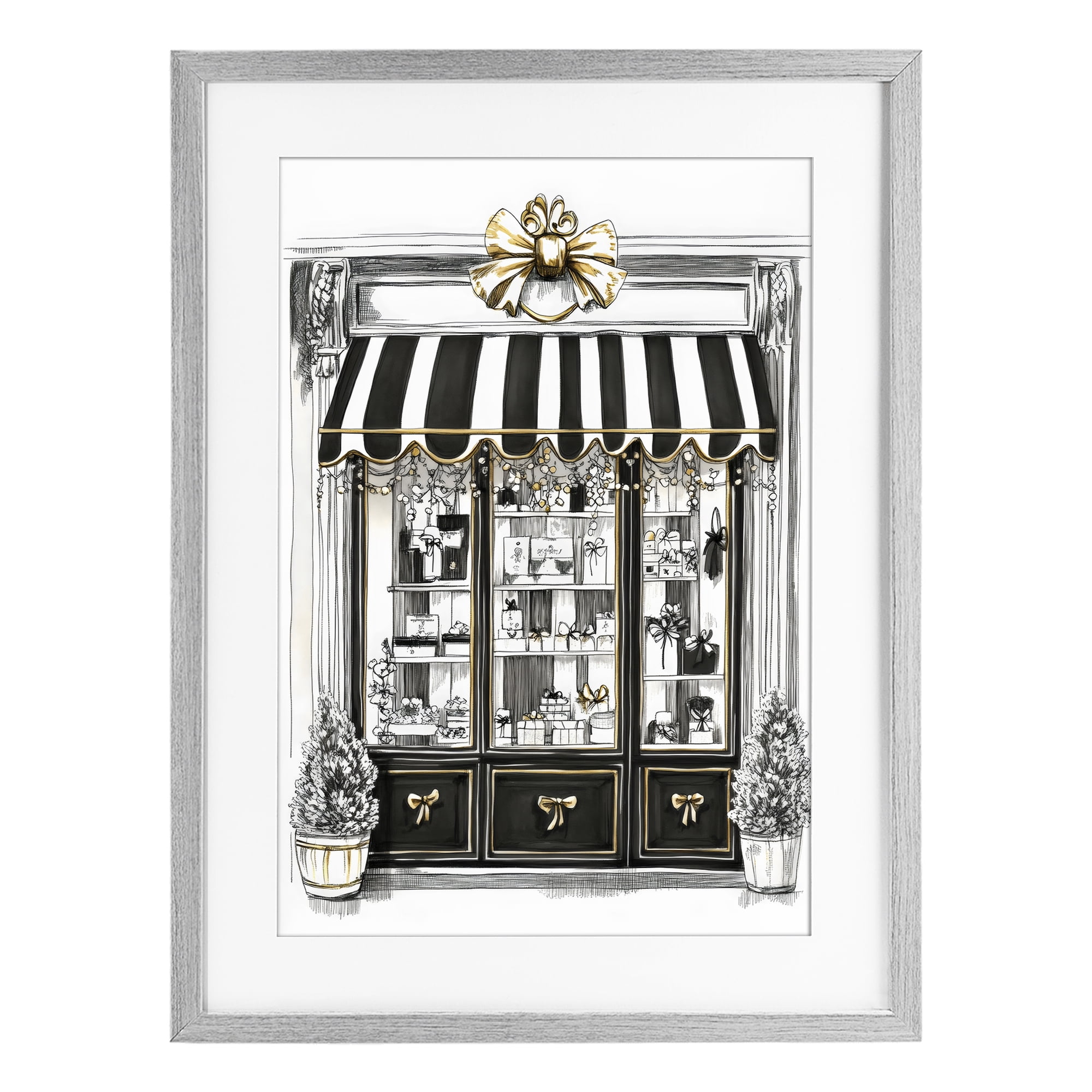 Stupell Industries Striped Paris Shop Facade Gray Framed Print Under Glass, design by Petal Prints Design