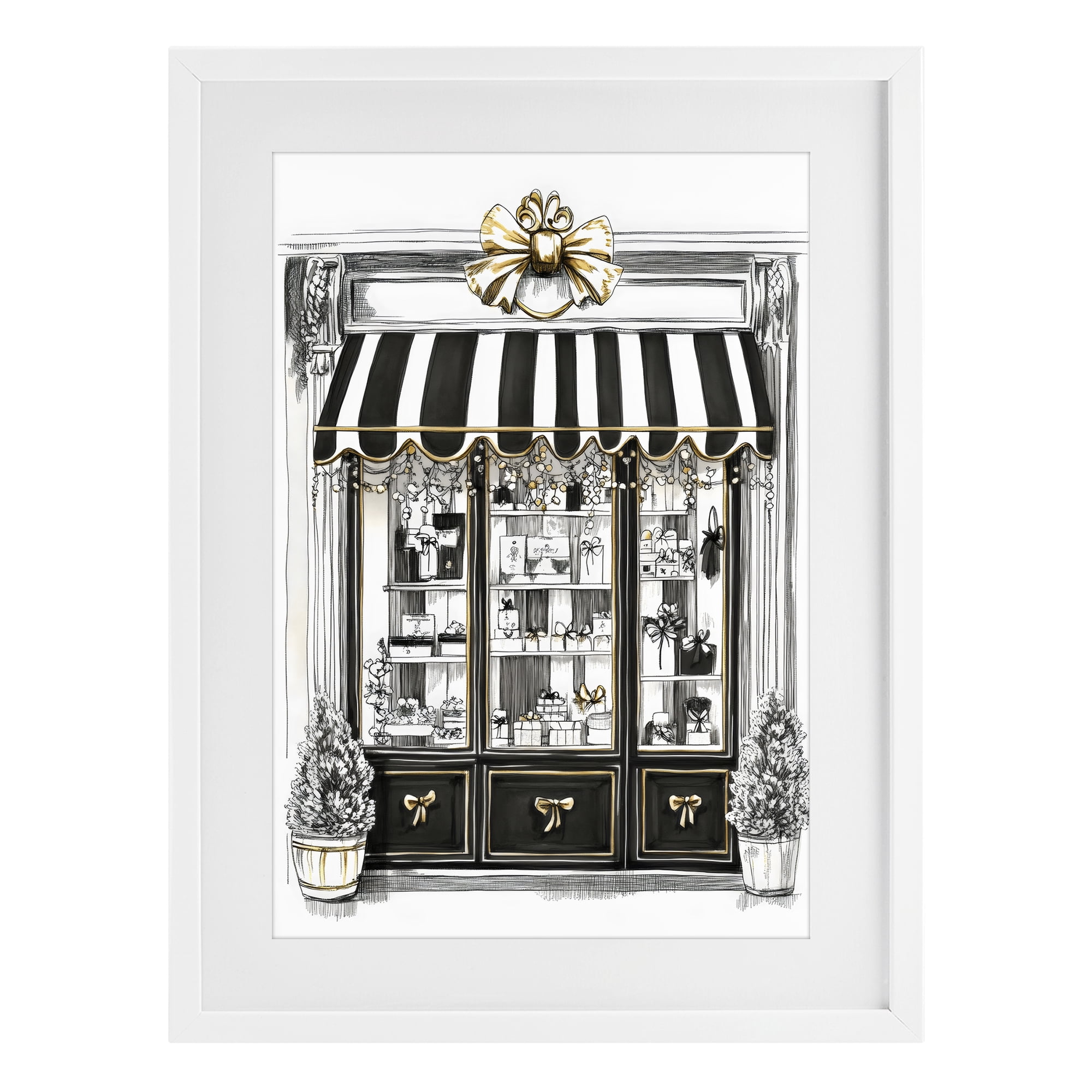 Stupell Industries Striped Paris Shop Facade White Framed Print Under Glass, design by Petal Prints Design