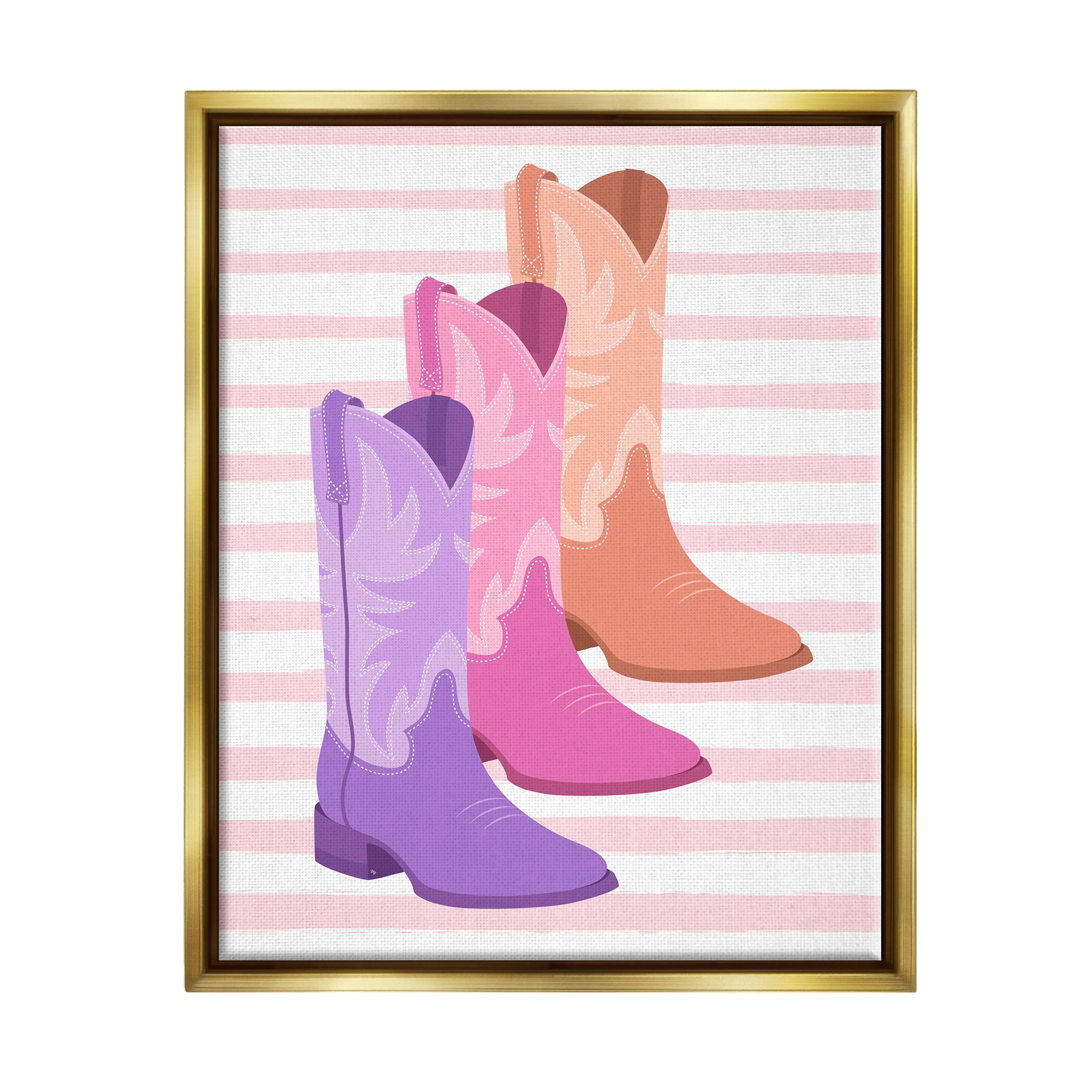 Stupell Industries Striped Pastel Cowgirl Boots Beauty & Fashion Painting Gold Floater Framed Canvas Art Print Wall Art, 17 x 21