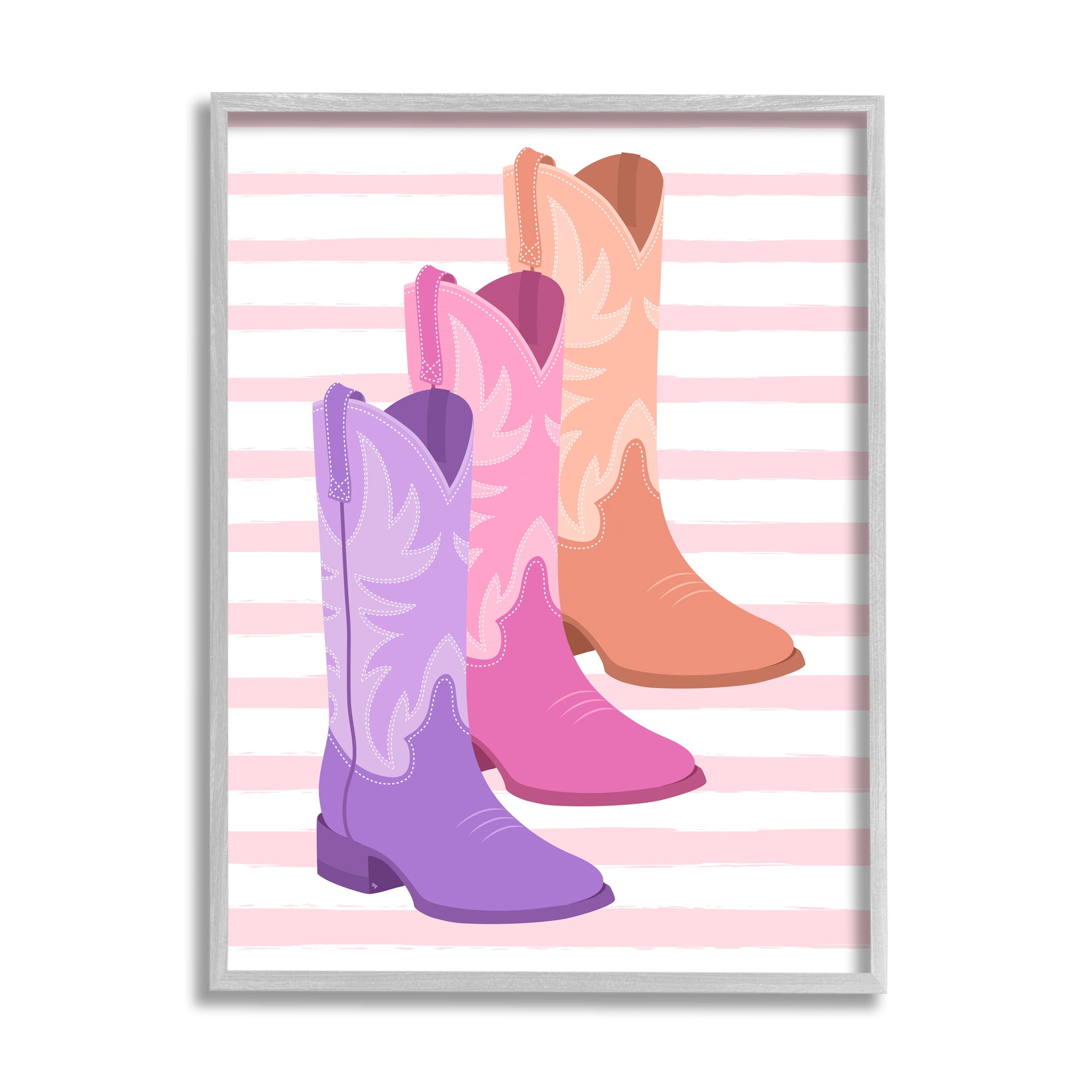 Stupell Industries Striped Pastel Cowgirl Boots Beauty & Fashion Painting Gray Framed Art Print Wall Art, 24 x 30