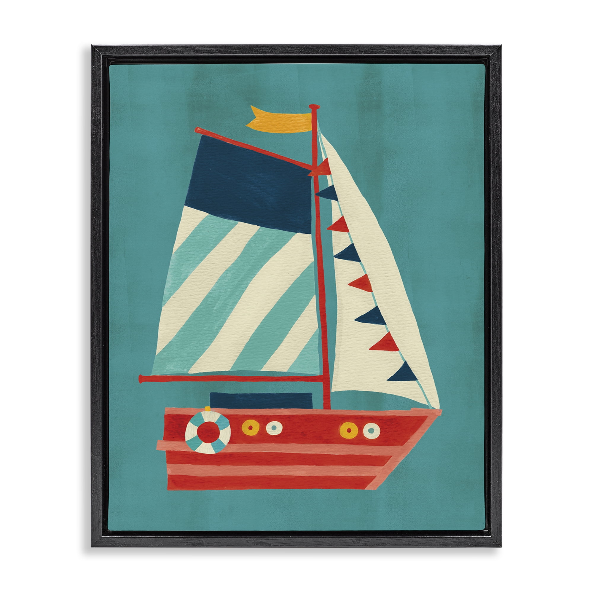Stupell Industries Striped Sailboat on Blue Transportation Painting Black Floater Framed Canvas Art Print Wall Art, 17 x 21