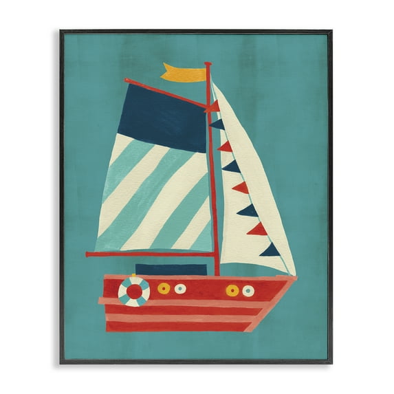 Stupell Industries Striped Sailboat on Blue Transportation Painting Black Framed Art Print Wall Art, 16 x 20