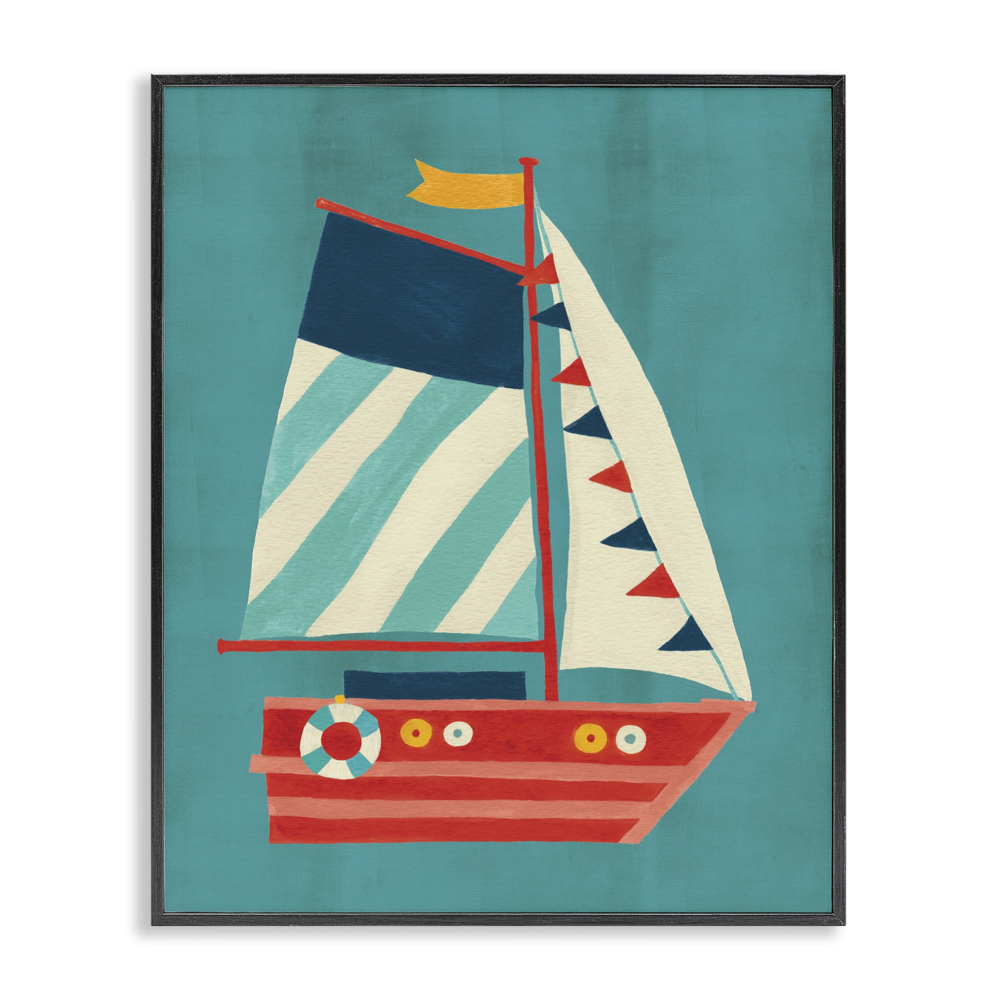 Stupell Industries Striped Sailboat on Blue Transportation Painting Black Framed Art Print Wall Art, 24 x 30