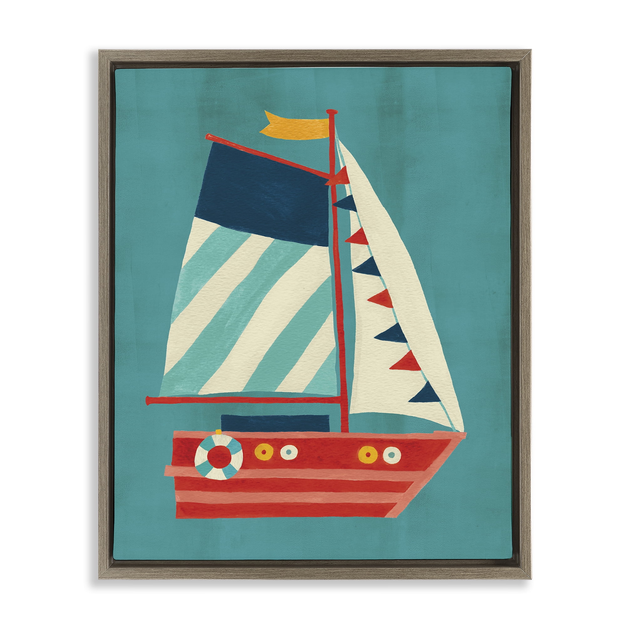 Stupell Industries Striped Sailboat on Blue Transportation Painting Brown Floater Framed Canvas Art Print Wall Art, 17 x 21