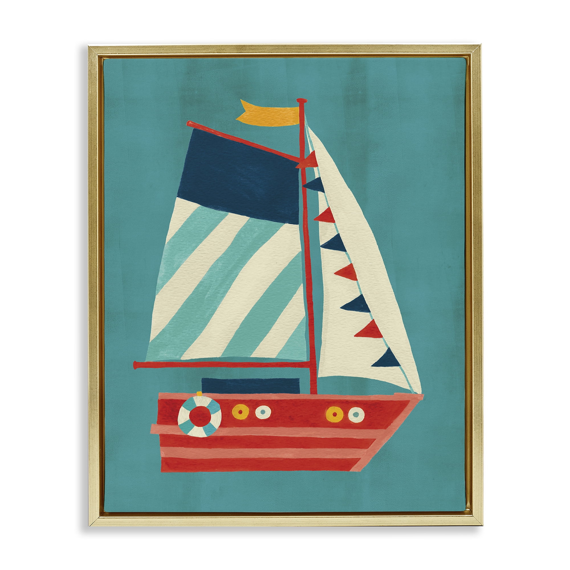 Stupell Industries Striped Sailboat on Blue Transportation Painting Gold Floater Framed Canvas Art Print Wall Art, 17 x 21