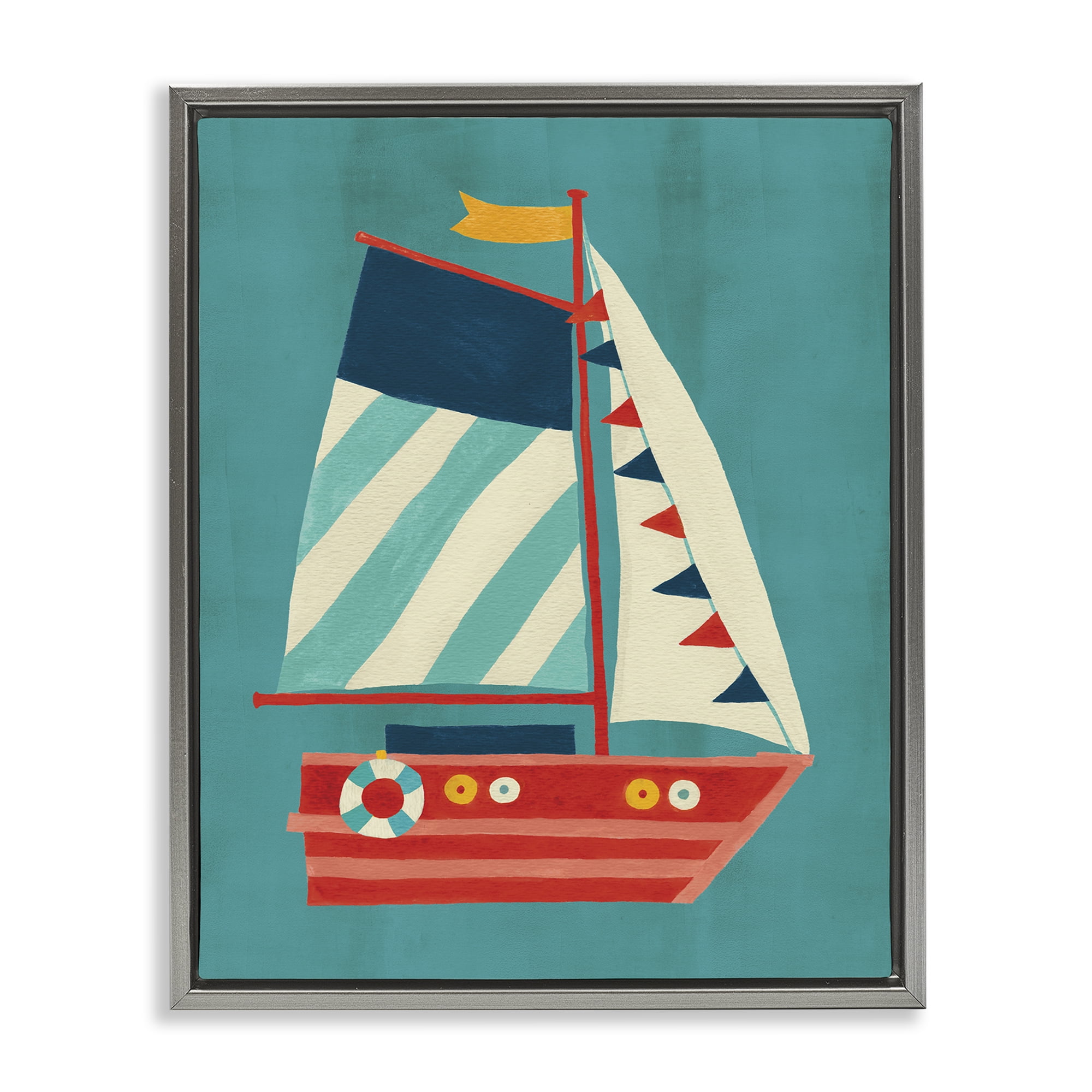 Stupell Industries Striped Sailboat on Blue Transportation Painting Gray Floater Framed Canvas Art Print Wall Art, 17 x 21
