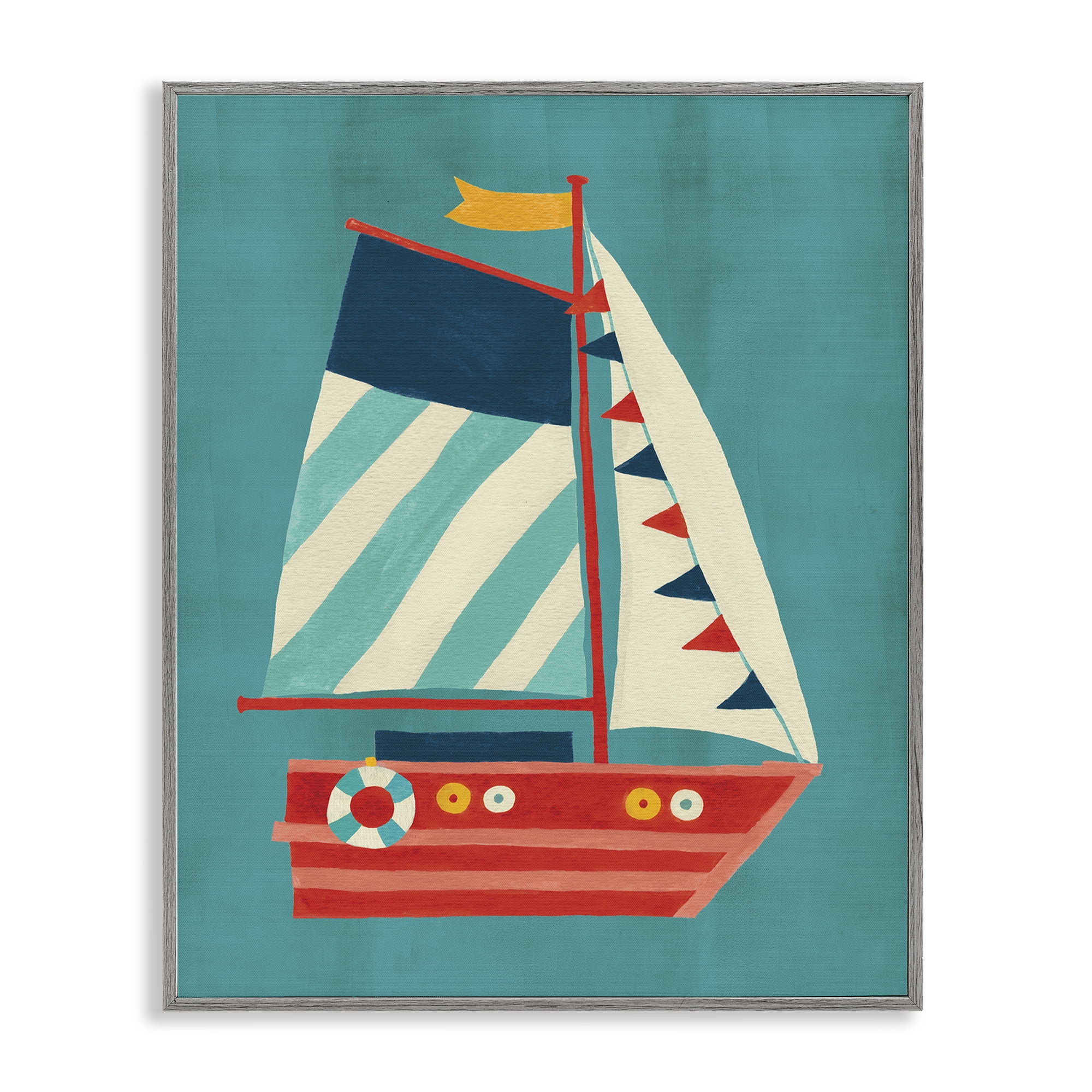 Stupell Industries Striped Sailboat on Blue Transportation Painting Gray Framed Art Print Wall Art, 11 x 14