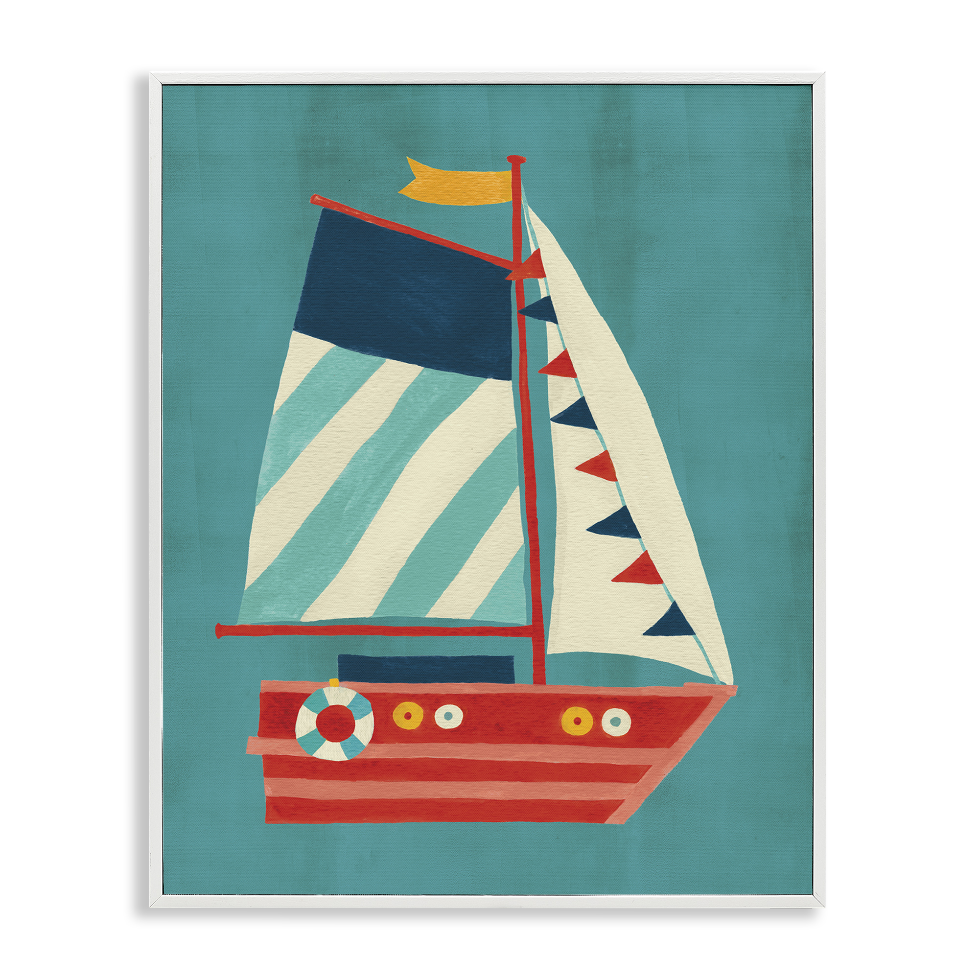 Stupell Industries Striped Sailboat on Blue Transportation Painting White Framed Art Print Wall Art, 16 x 20