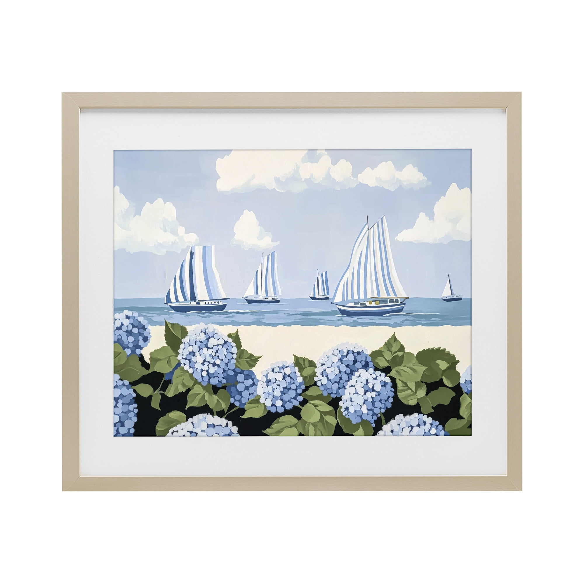 Stupell Industries Striped Sails & Seaside Hydrangeas Birch Framed Print Under Glass, design by Sisi and Seb