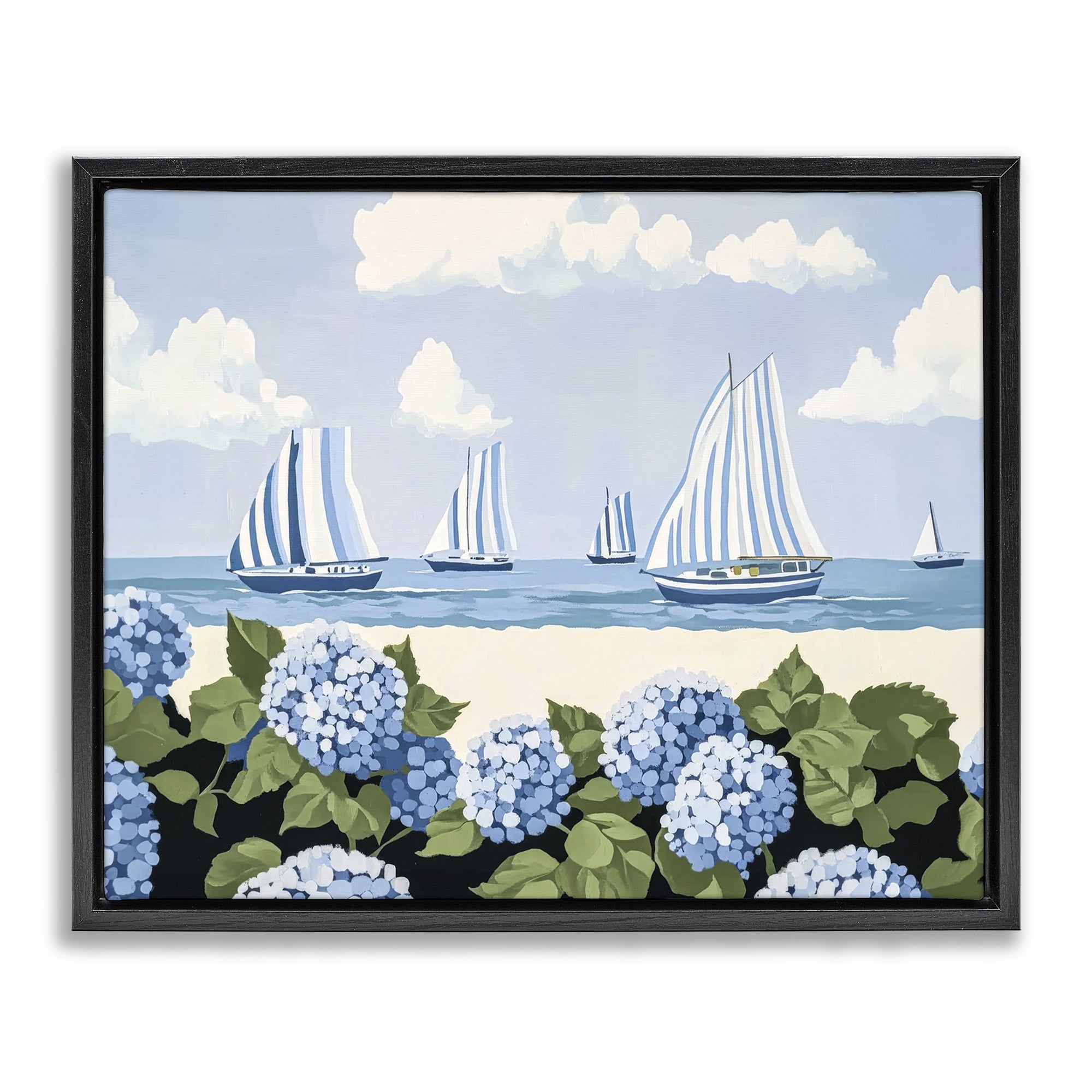 Stupell Industries Striped Sails & Seaside Hydrangeas Black Framed Floater Canvas Wall Art, design by Sisi and Seb