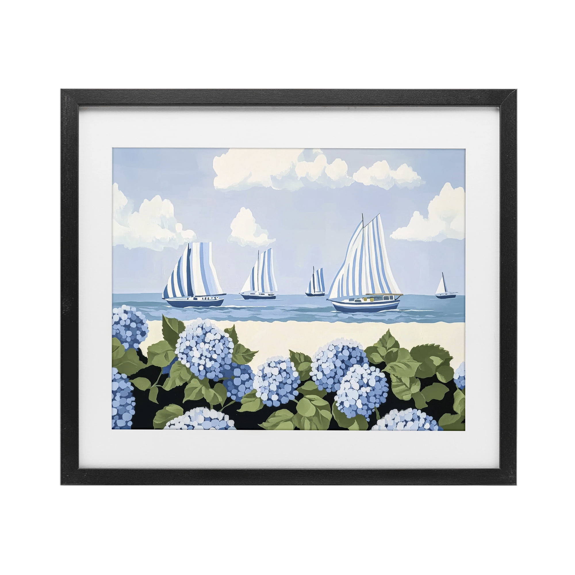 Stupell Industries Striped Sails & Seaside Hydrangeas Black Framed Print Under Glass, design by Sisi and Seb