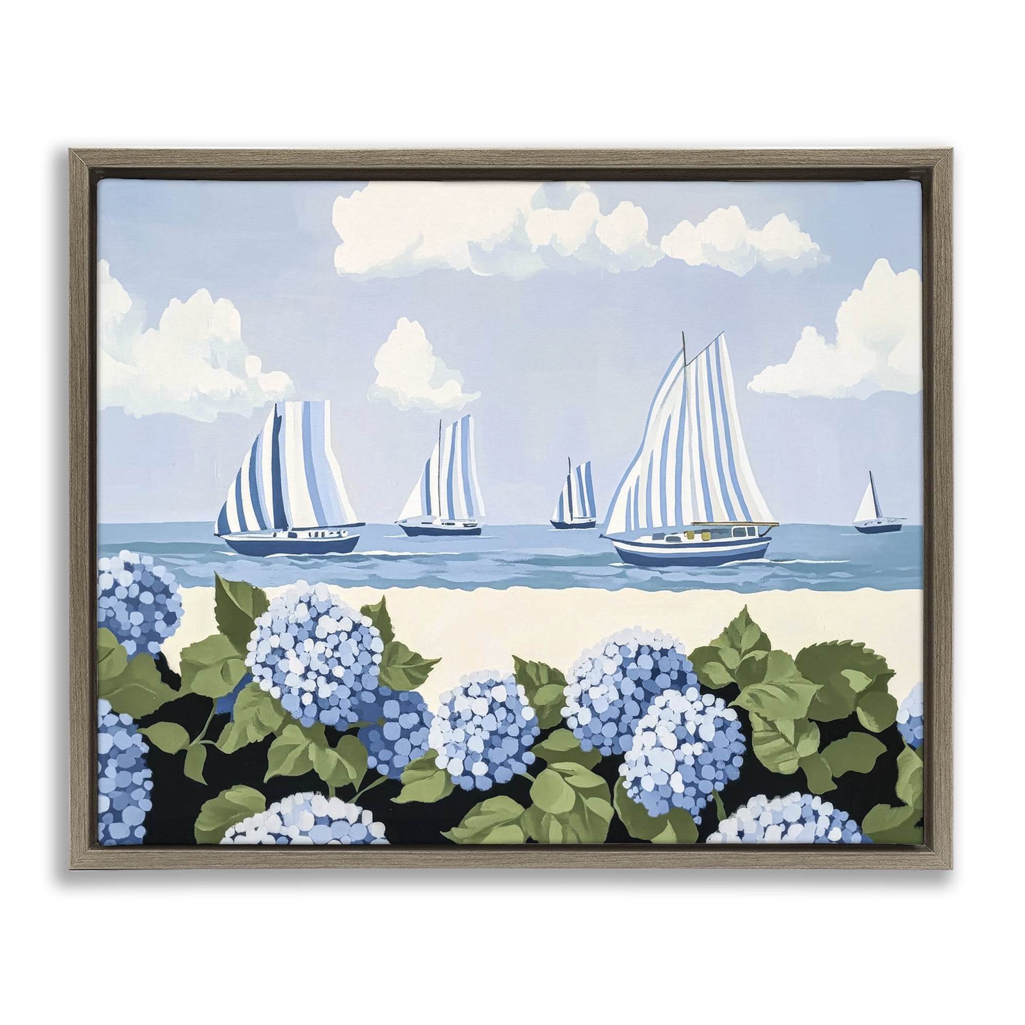 Stupell Industries Striped Sails & Seaside Hydrangeas Brown Framed Floater Canvas Wall Art, design by Sisi and Seb