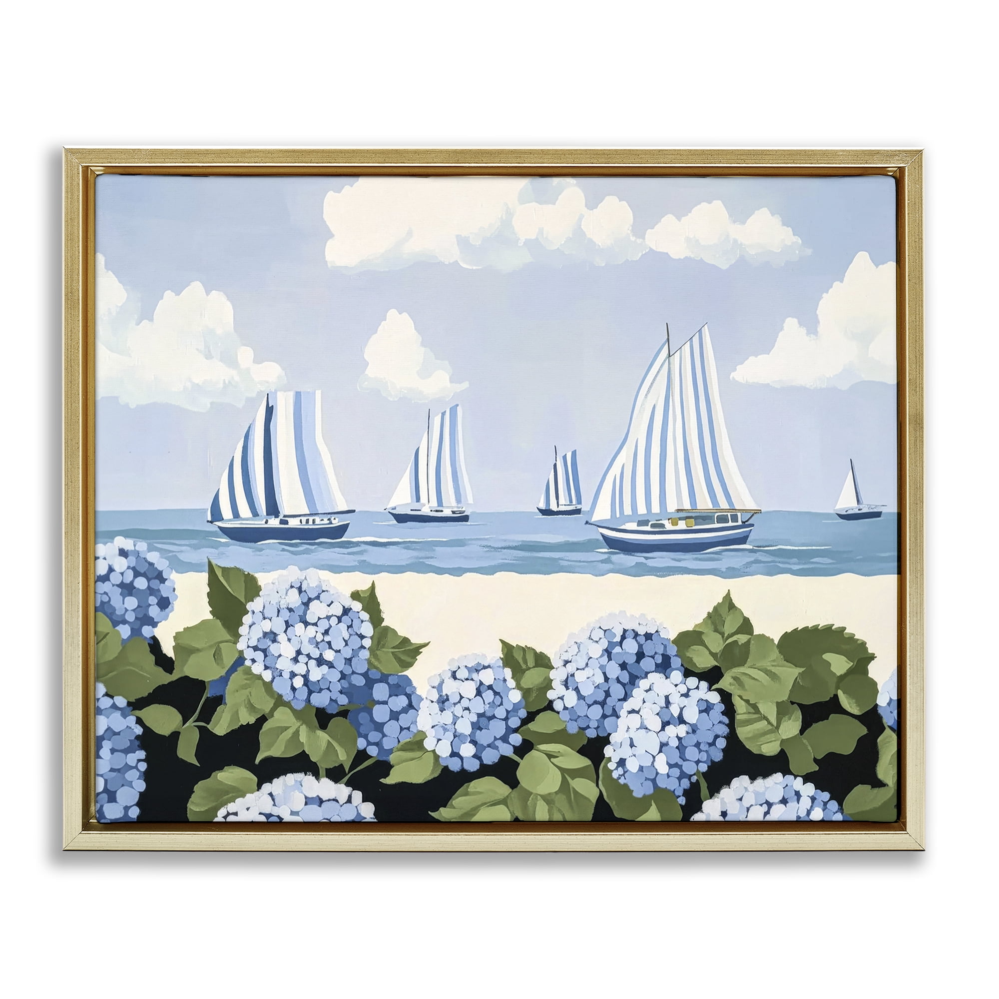 Stupell Industries Striped Sails & Seaside Hydrangeas Gold Framed Floater Canvas Wall Art, design by Sisi and Seb