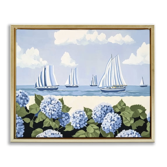 Stupell Industries Coastal Sails & Hydrangeas Gold Floating Frame Canvas Art, 31 x 25, by Sisi and Seb