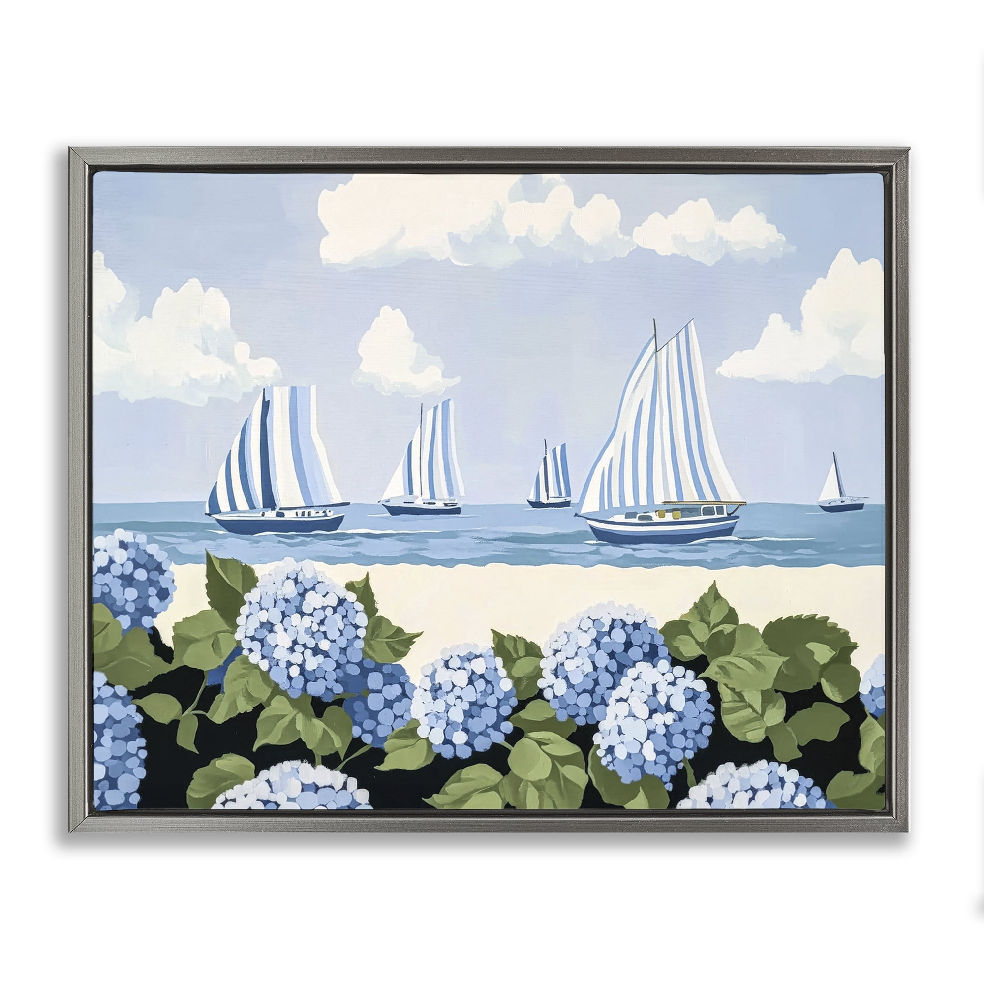 Stupell Industries Striped Sails & Seaside Hydrangeas Gray Framed Floater Canvas Wall Art, design by Sisi and Seb