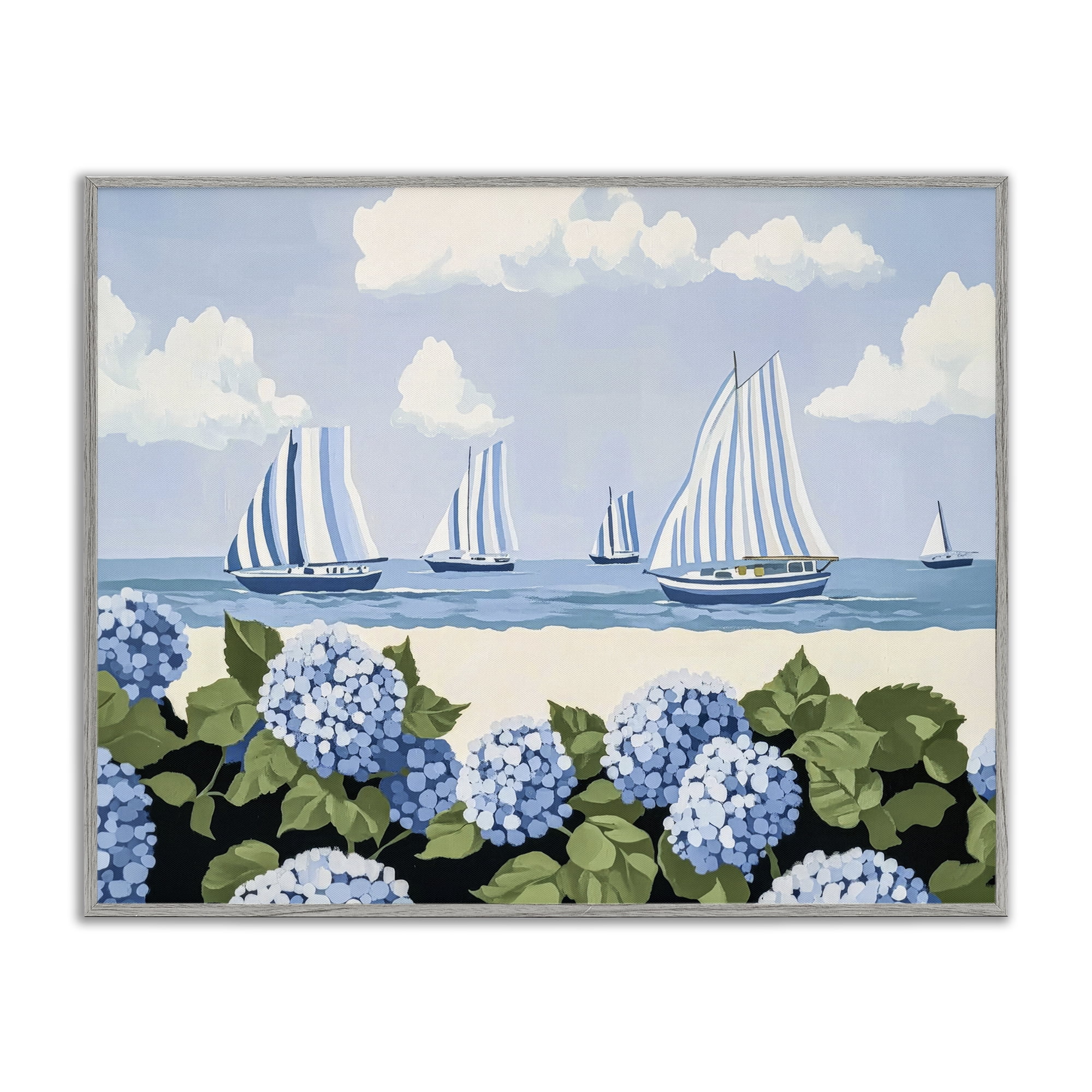 Stupell Industries Striped Sails & Seaside Hydrangeas Gray Framed Giclee Art, design by Sisi and Seb