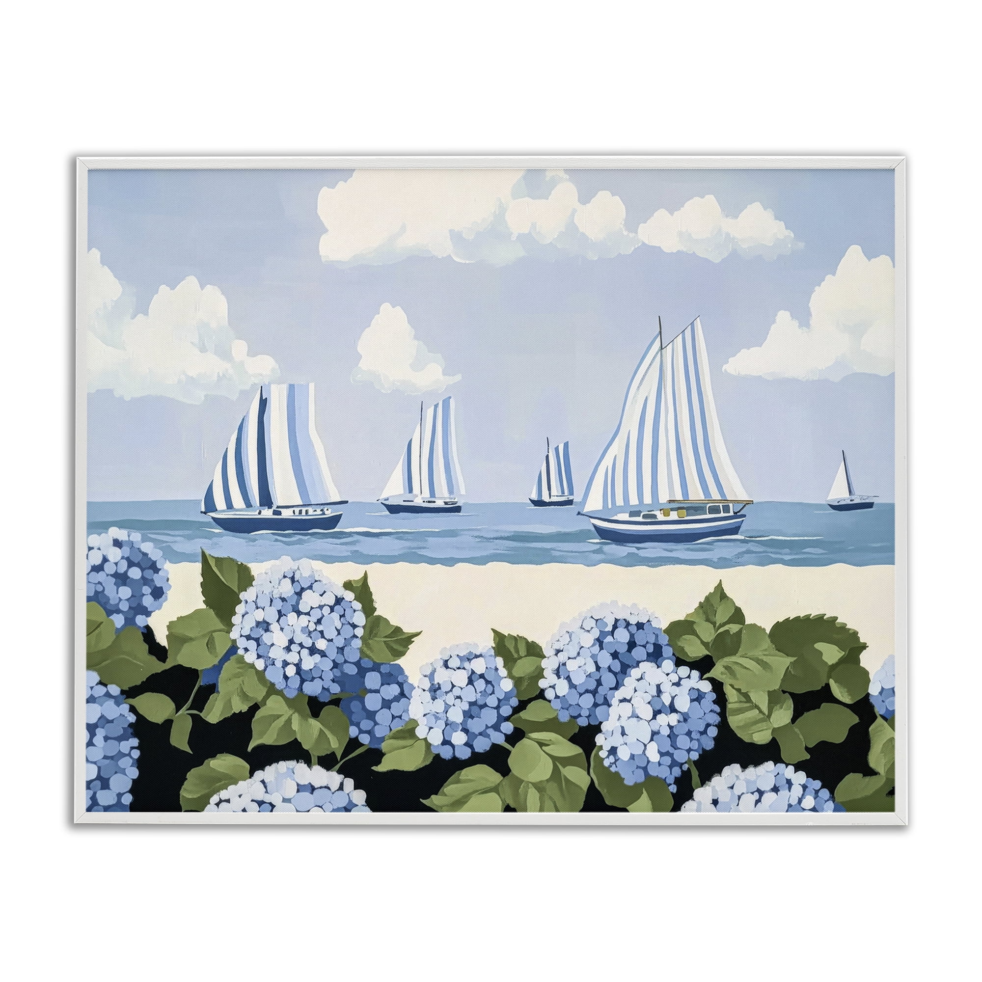 Stupell Industries Striped Sails & Seaside Hydrangeas White Framed Giclee Art, design by Sisi and Seb