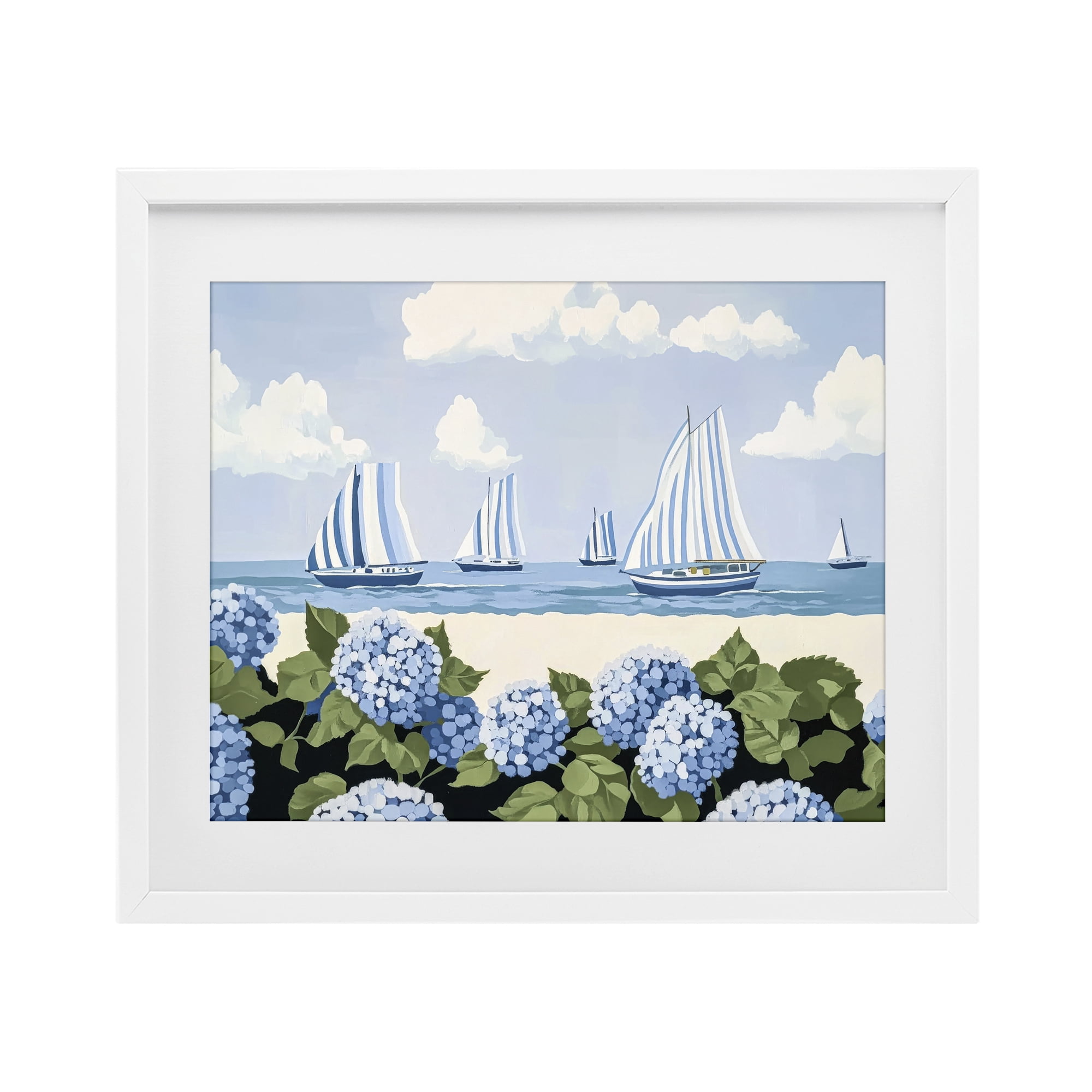 Stupell Industries Striped Sails & Seaside Hydrangeas White Framed Print Under Glass, design by Sisi and Seb
