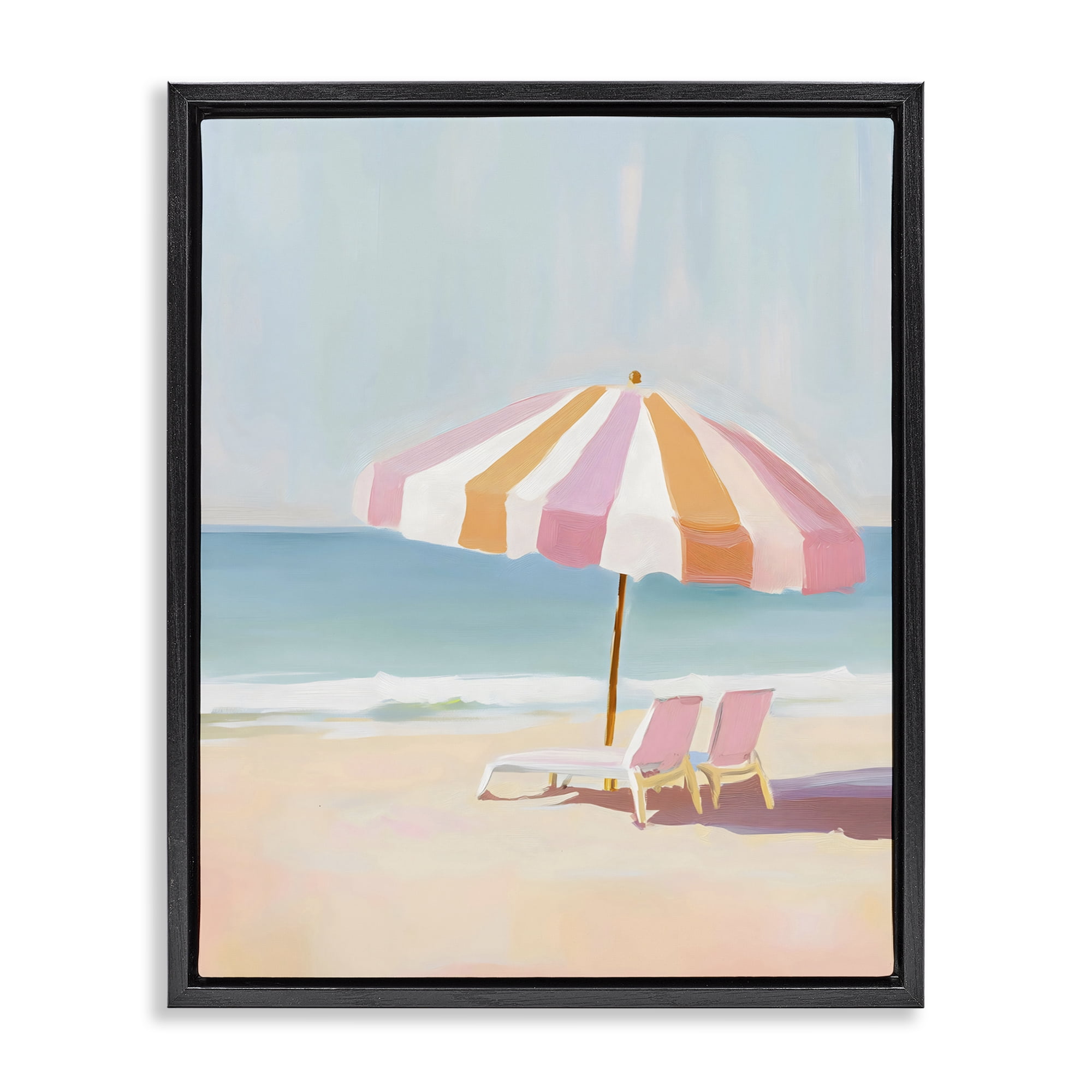 Stupell Industries Striped Umbrella & Chairs Black Framed Floater Canvas Wall Art, design by The Prints Vibe
