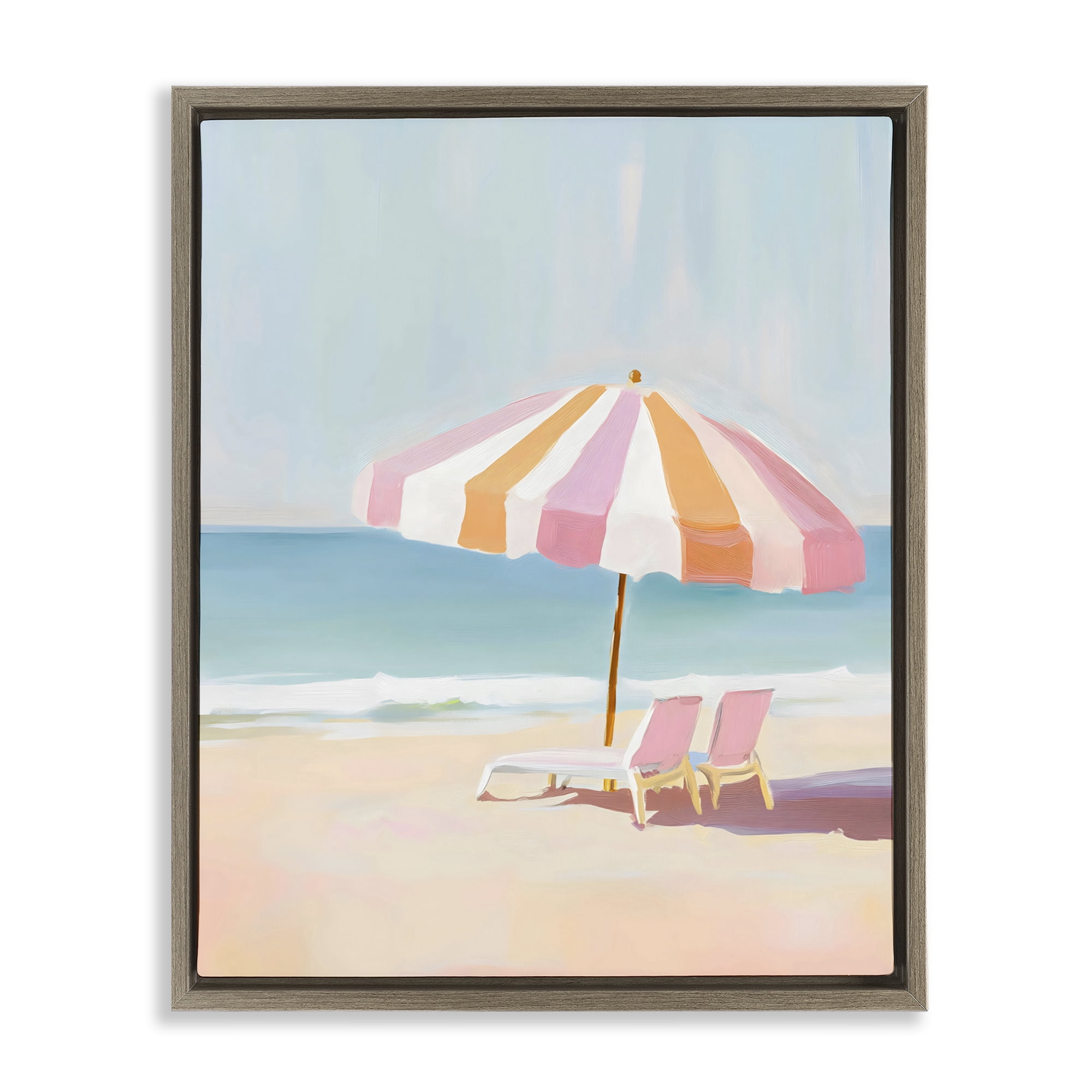 Stupell Industries Striped Umbrella & Chairs Brown Framed Floater Canvas Wall Art, design by The Prints Vibe