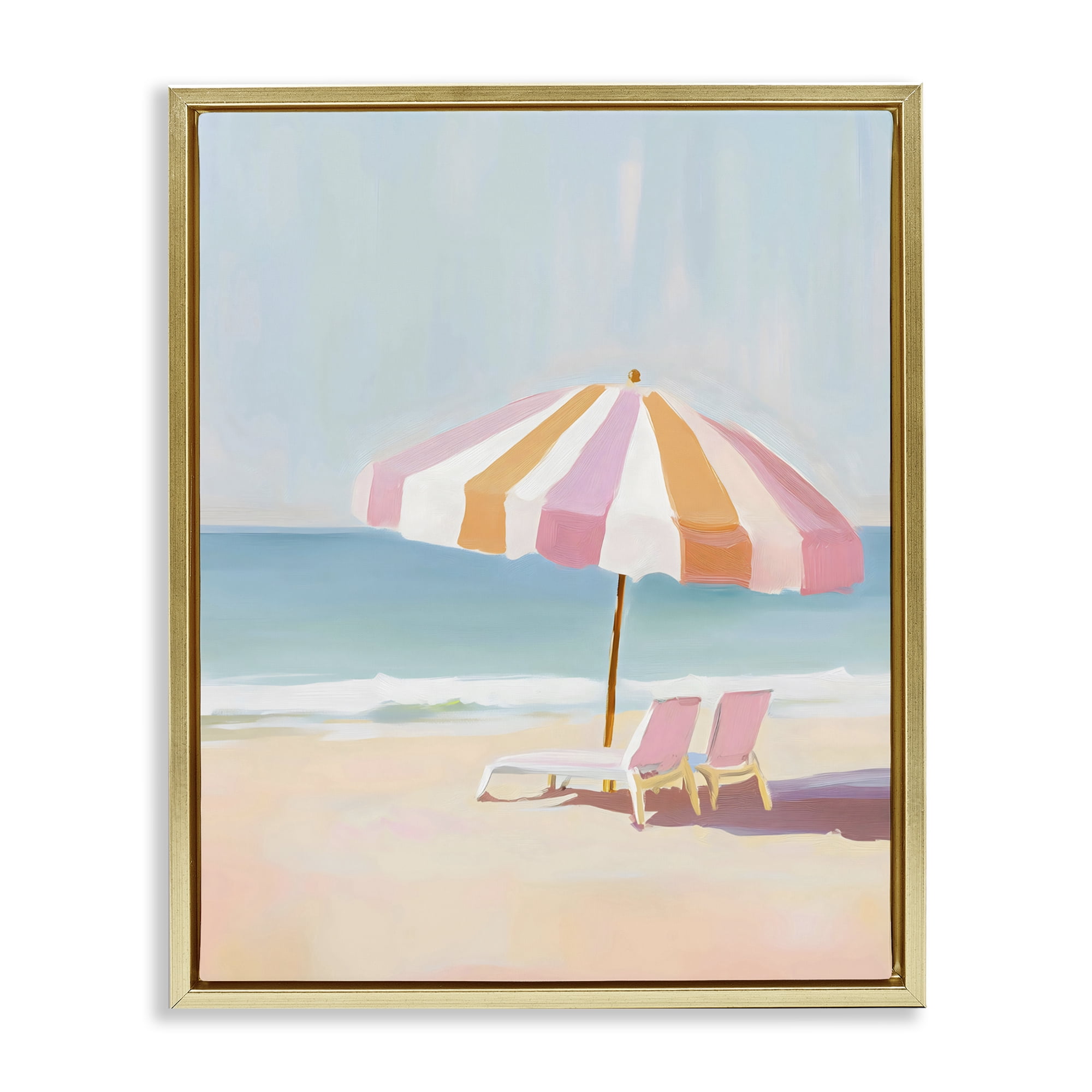 Stupell Industries Striped Umbrella & Chairs Gold Framed Floater Canvas Wall Art, design by The Prints Vibe